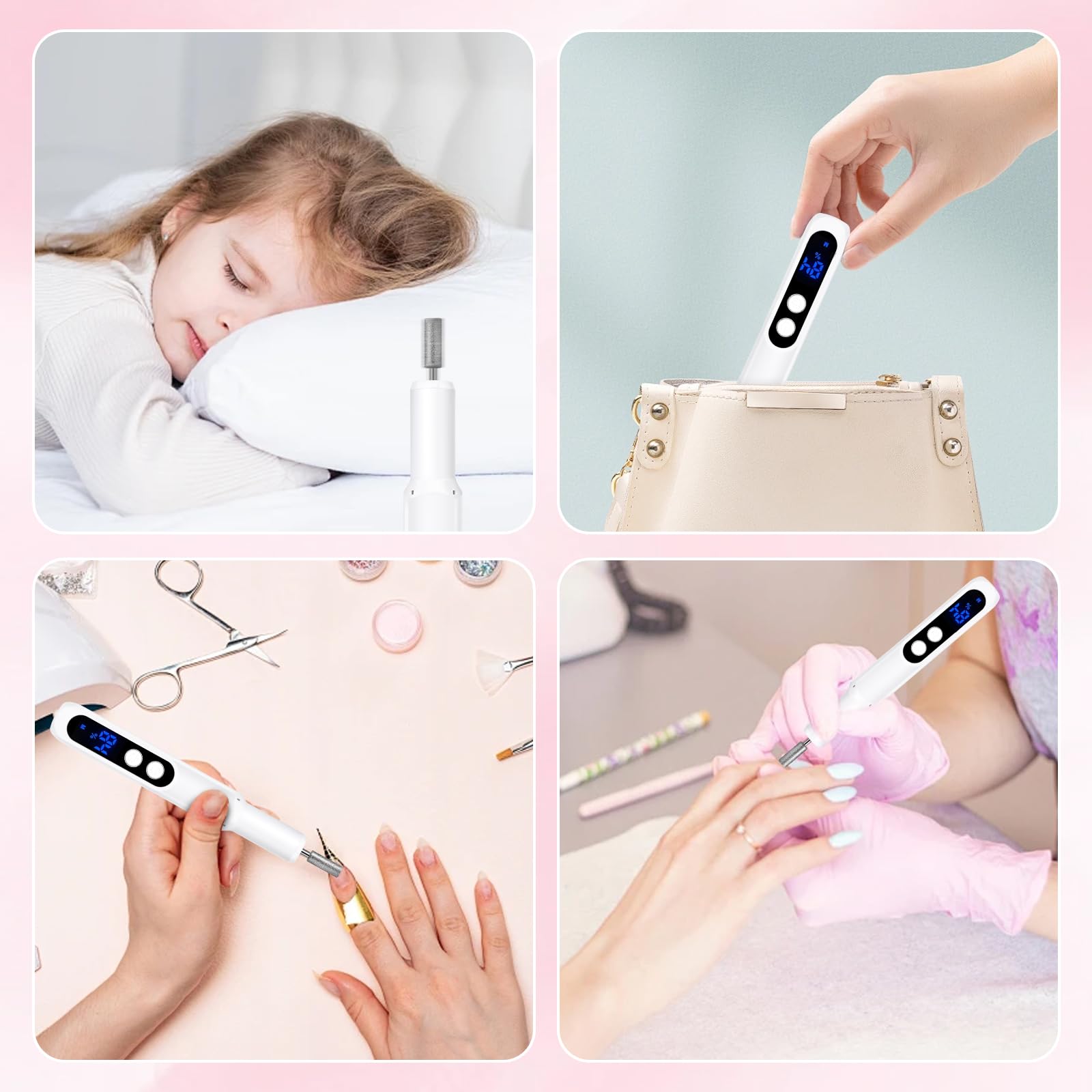 Taladro de uñas inalámbrico, taladro eléctrico de uñas con luz LED de 360° y pantalla LCD, lima de uñas eléctrica de bajo ruido, herramientas de pedicura para pies, cuidado de manos y pies, taladros