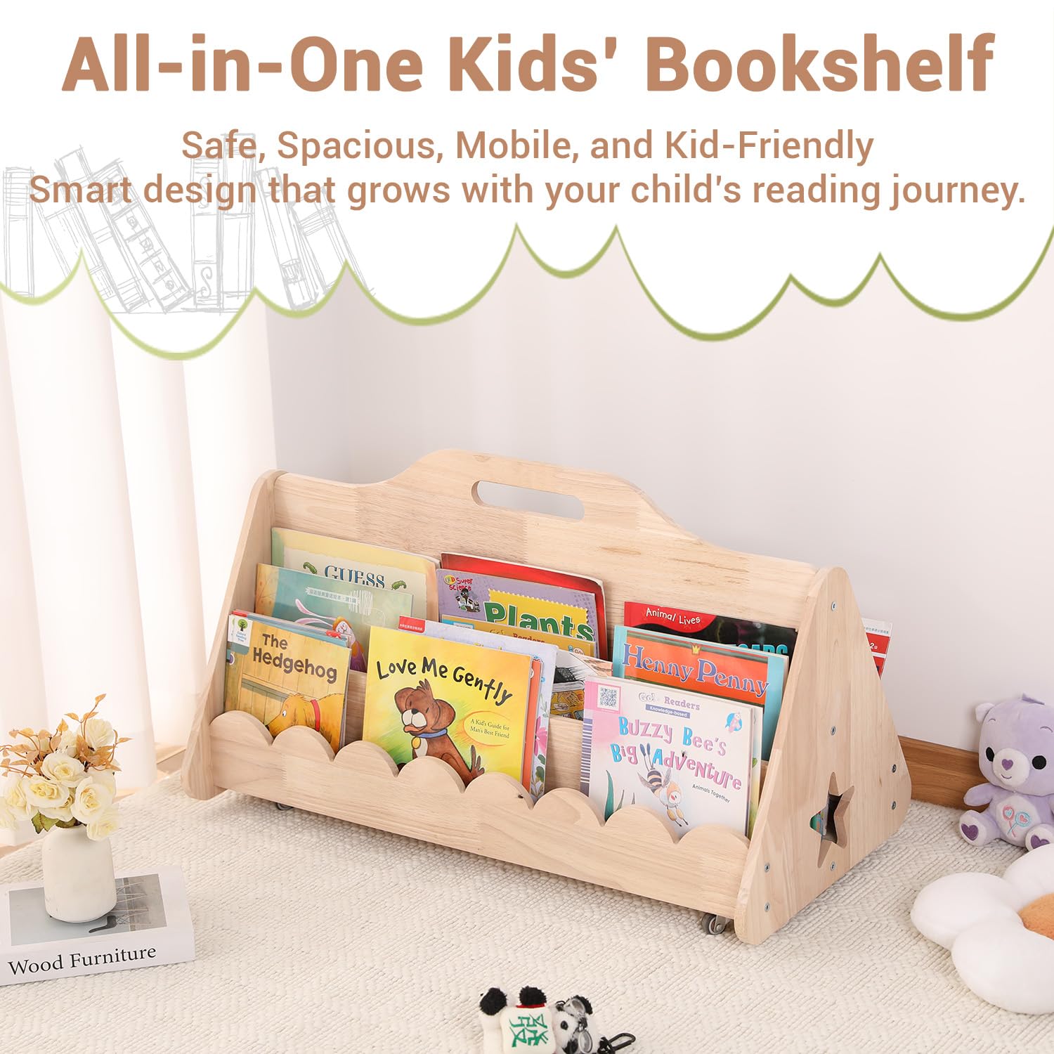 Nuvograin Double-Sided Kids Bookshelf with Wheels,Kids Bookcase,Toddler Book Rack,Wooden Movable 3-Layer Baby Bookshelf, Easy Reach Kids' Book Display Shelf