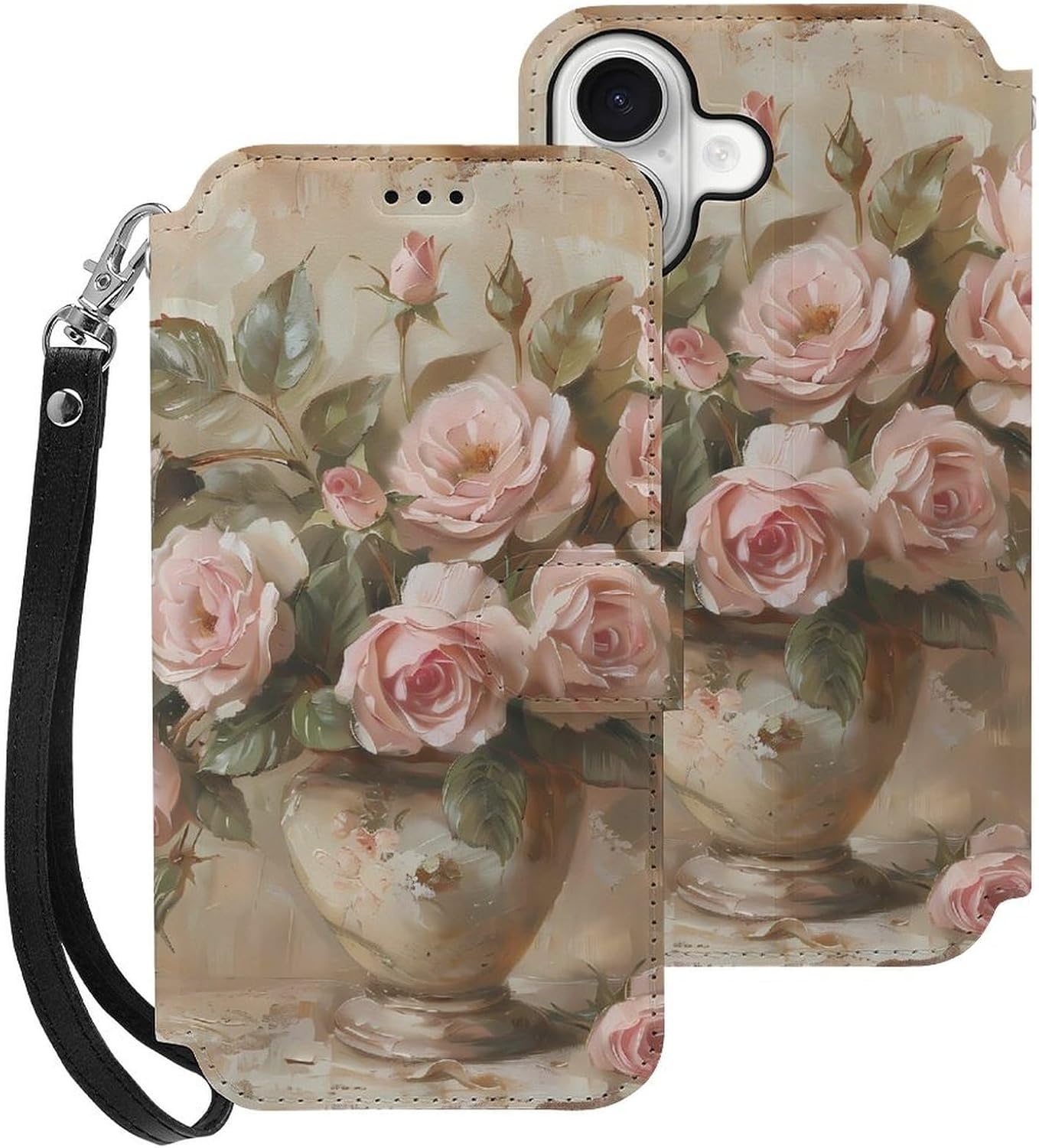 Vintage Roses Flowers Compatible with iPhone 16/16 Plus/16 Pro/16 Pro Max/16 E Case Phone Wallet Card Holder Flip Cover with Wrist Strap