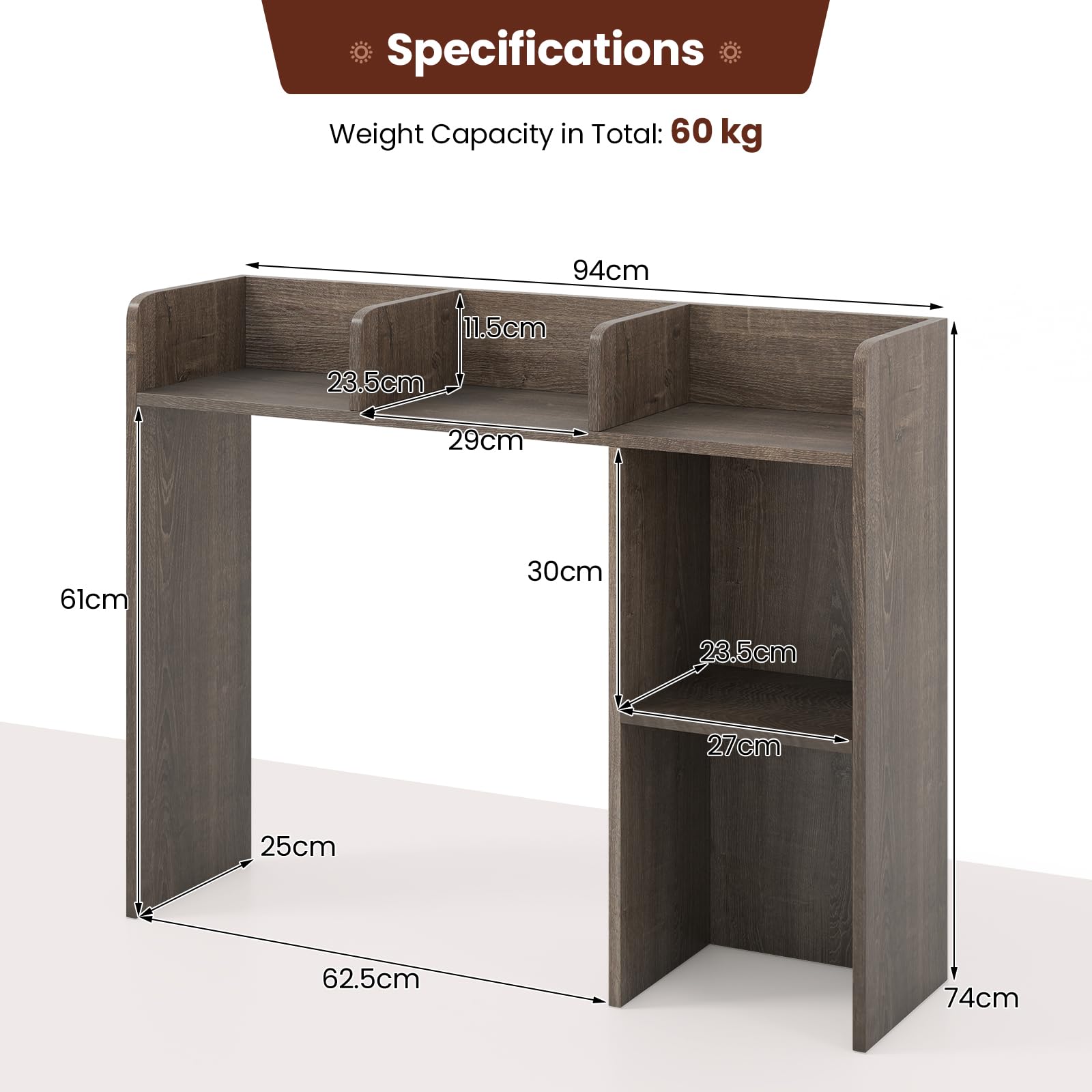 HOMASIS Scaffale da Scrivania in Legno, Libreria da Scrivania con 5 Scomparti, Organizzatore Aperto da Scrivania con Dispositivo Anti-Ribaltamento per Soggiorno, Studio, 94 x 25 x 74 cm (Grigio)