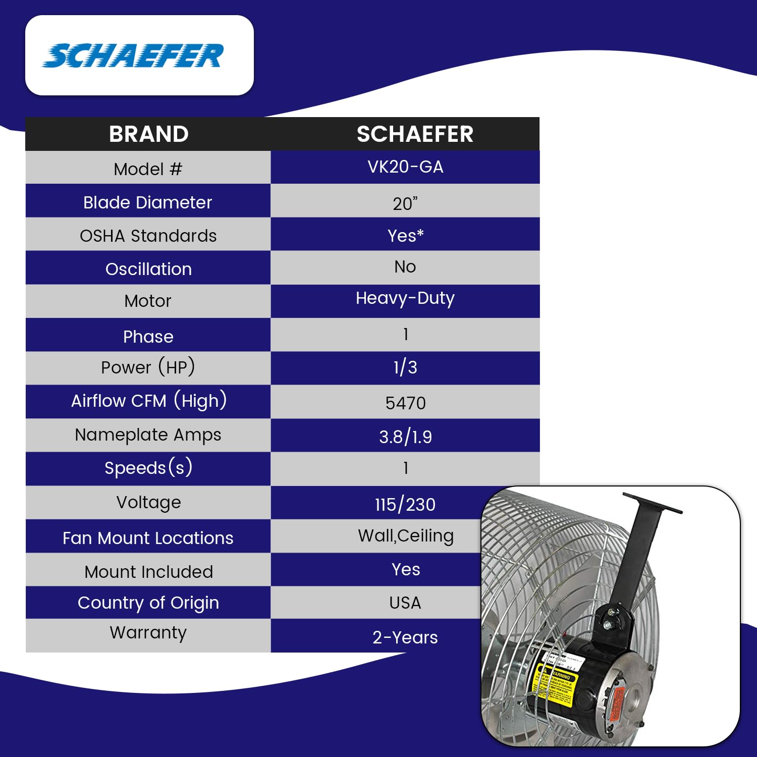 Schaefer VK20-GA Versa-Kool Air Circulator Fan W/Button Control, Ceiling Wall Mount Greenhouse Fan & Steel Guards, 5470CFM, 1/3 hp, 20" Deep Guard Commercial Fan for Patio, Industrial, Silver color