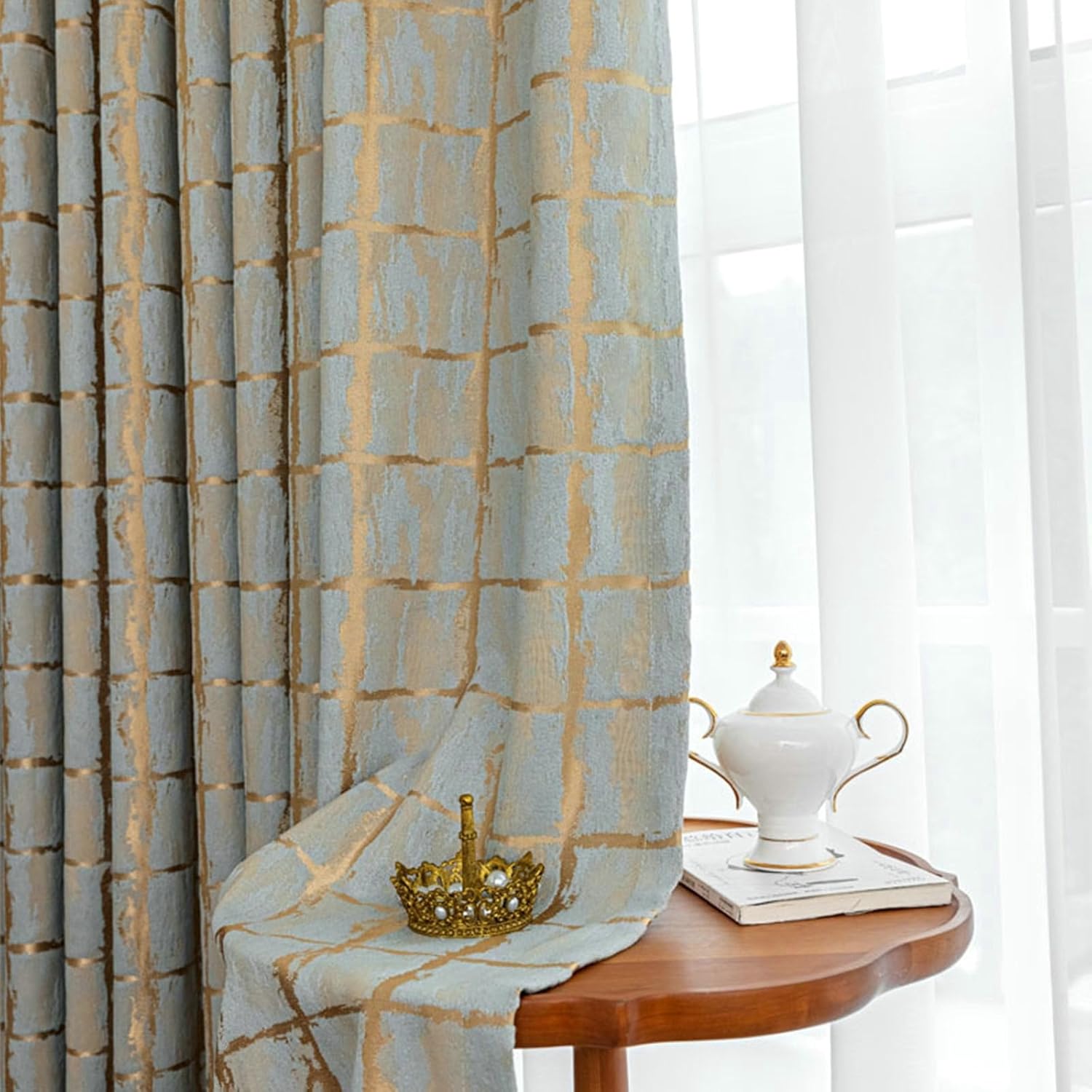 Daesar Curtain Blackout Bedroom 2 Panels Set, Polyester Hook Window Curtains 54" W x 84" H Drapes Jacquard Texture Check Pattern Light Blue Gold Blackout Curtains for Living Room