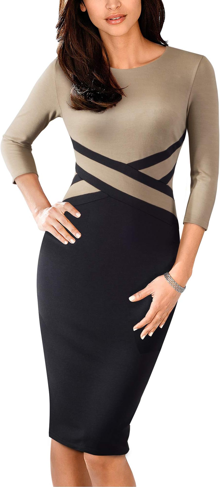 HOMEYEE Women's Vintage Round Neck 3/4 Sleeve Striped Bodycon Pencil Business Casual Dress B463