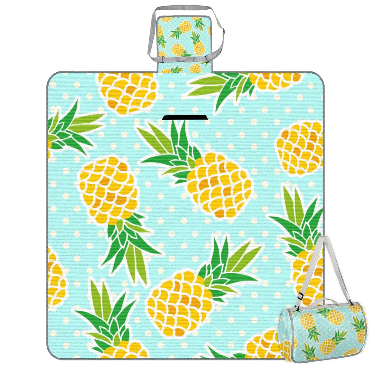 Shimoshe Picnic Blankets 57”x 59”, Pineapple Print On Blue Background Waterproof Sandproof Picnic Mat Lightweight Foldable Beach Blanket for Camping Park Grass Beach Outdoor Blanket