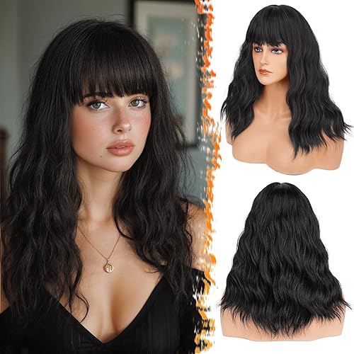 BARSDAR Wavy Natural Black Wig With Bangs - 18 Inch Medium Length Black Wig With Bangs for Women, Soft Wavy Curly Synthetic Shoulder Length Wigs Daily Party Halloween - 18 Inch - Natural Black
