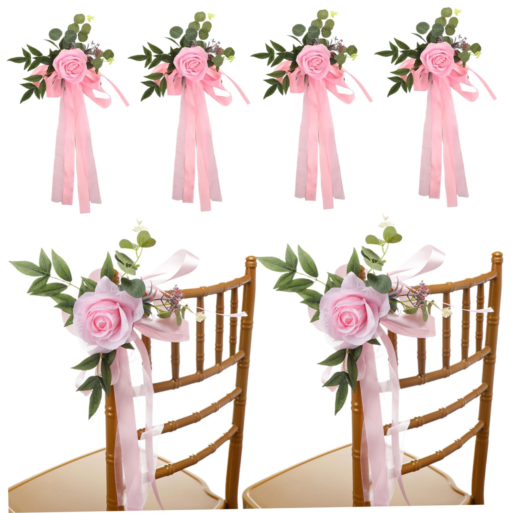 Wedding Aisle Chair Decorations 6Pcs Wedding Aisle Decor Rose Flowers Decorations Pew Flowers with Leaves and Ribbons Artificial for Style 1