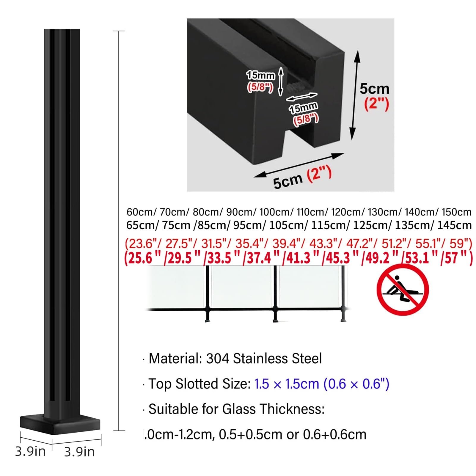 Matowy czarny słupek narożny do balustrady 65 cm / 25.6in ze stali nierdzewnej system 304 il gumowe tralki do 10 12 mm s bezpieczne na schody Solut