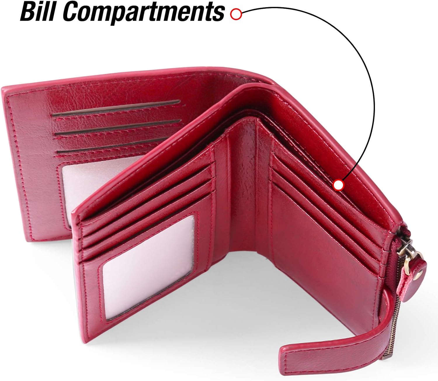 GOIACII RFID Women's Wallet Small Ladies Credit Card Holder Leather with Zipper Pocket 4 ID Windows Wine Wax Red - Image 8