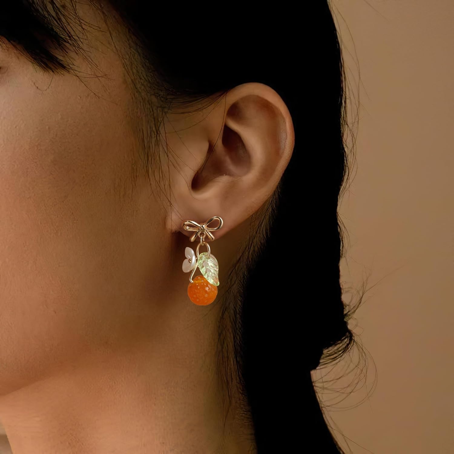 BriLove Cute Funny Stud/Clip on Earrings For Women, Orange Fruit Leaf Earring for Summer Beach Holiday Daily Wear Costume Accessories - Image 2