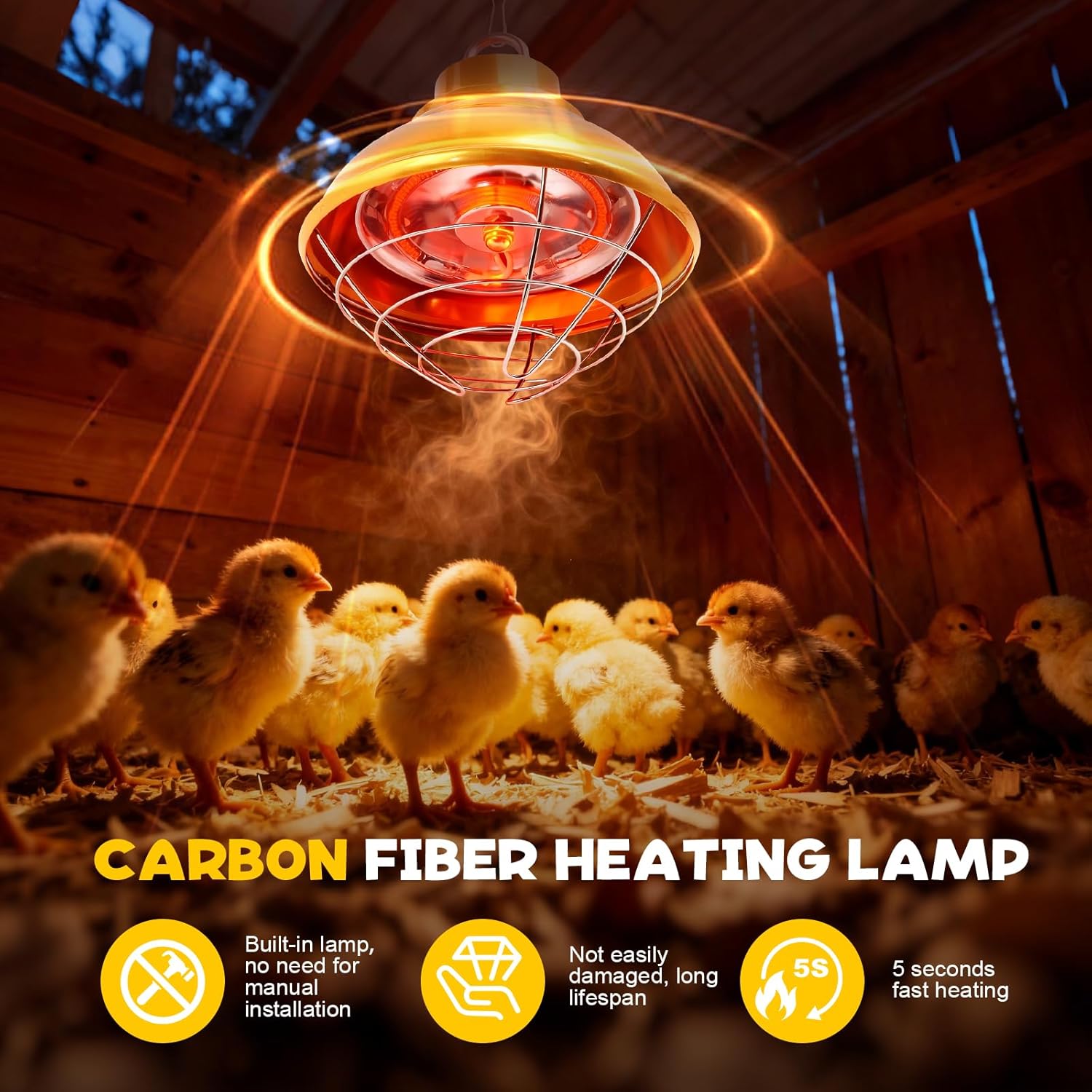 Chicken Heat Lamp Carbon Fiber Tube Brooder Heater Lamps for Chicks,Adjustable 2 Temperature Hanging Chicken Warmer for Livestock Dog Kennel,Cat House,Round 175W/350W Round(175W/350W)
