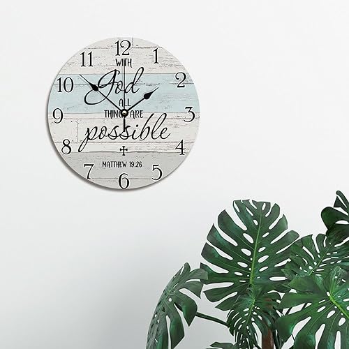 Miniatura 3 de Reloj con texto en inglés "with God All Things", reloj de pared con versículo bíblico, cita religiosa, reloj de madera, estilo cristiano,