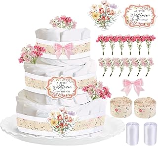 Wildflower Theme Diaper Cake Decorations for Baby Shower Party, Rural Wildflowers Print Ribbon Cards Artificial Flowers Pink Bows Decor, A Little Wildflower Is on the Way Baby Shower Favors