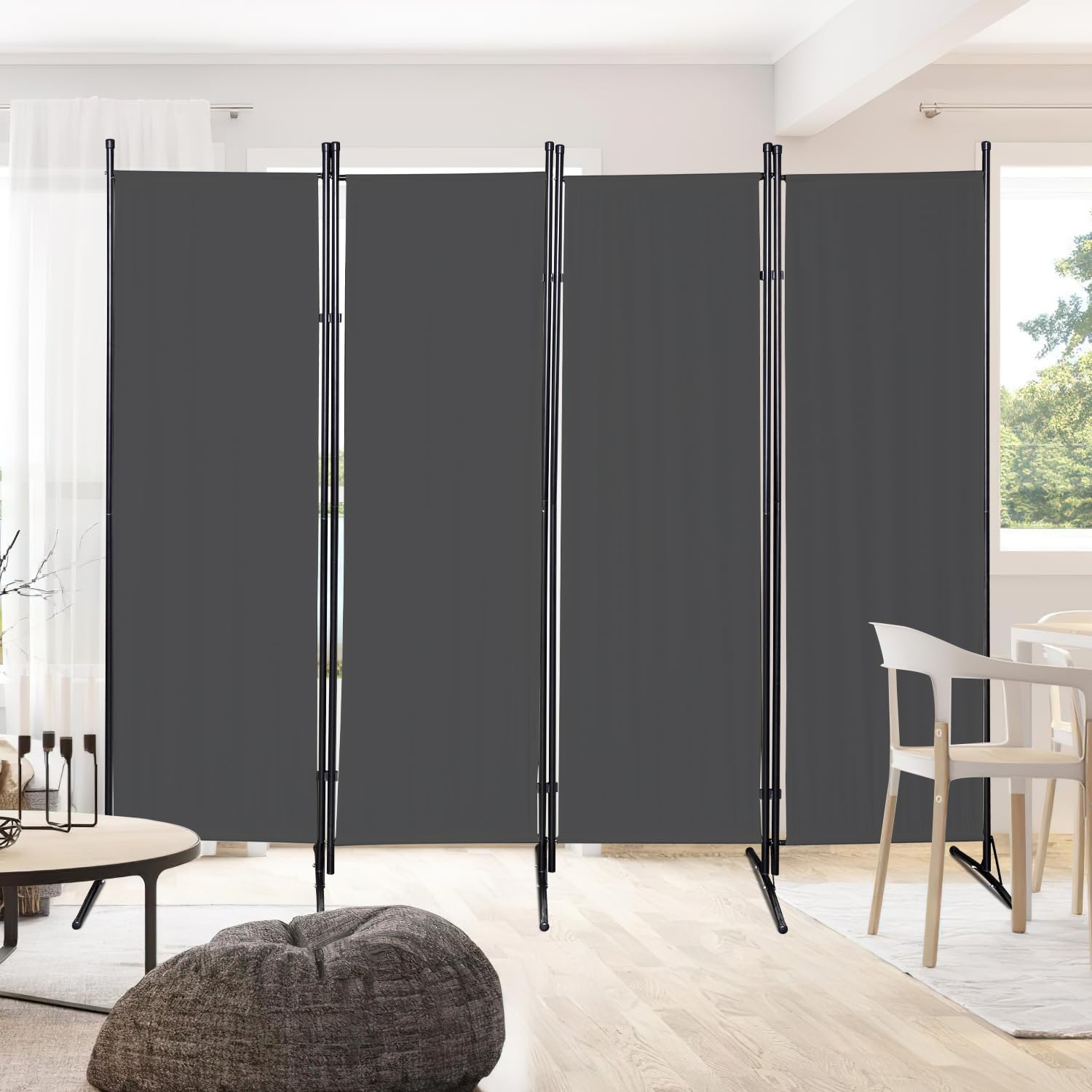 Paravent Cloison de Séparation 4 pièces, 200 x 170 cm, Pliable, autoportant, séparateur de pièce, intérieur écran Pliable pour Bureaux, Chambres à Coucher (Gris Foncé)