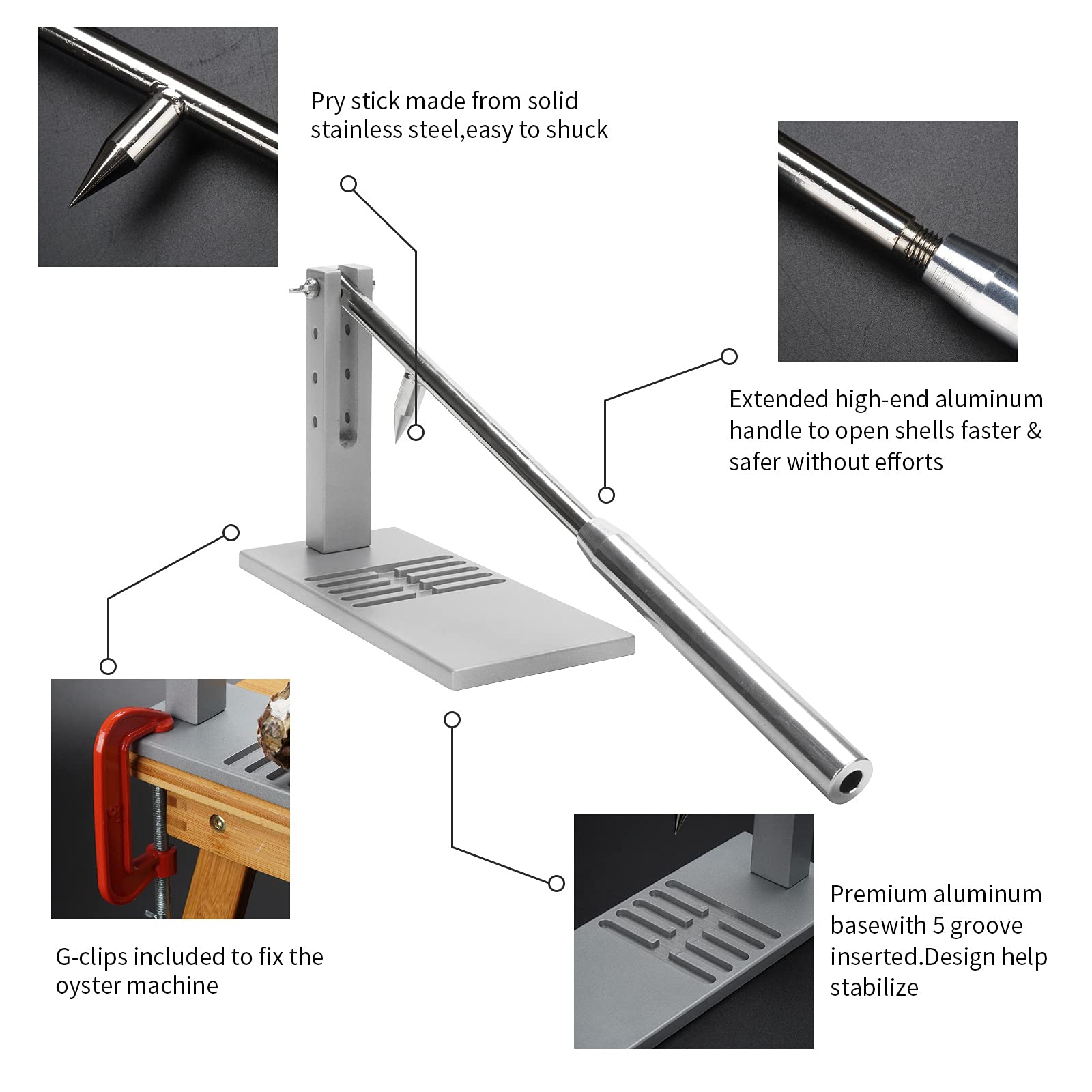 Macchina per sgusciare ostriche regolabile, kit per sgusciare ostriche con 2 coltelli + guanto, lega di alluminio + acciaio inossidabile. Design antiscivolo + fibbia tipo G