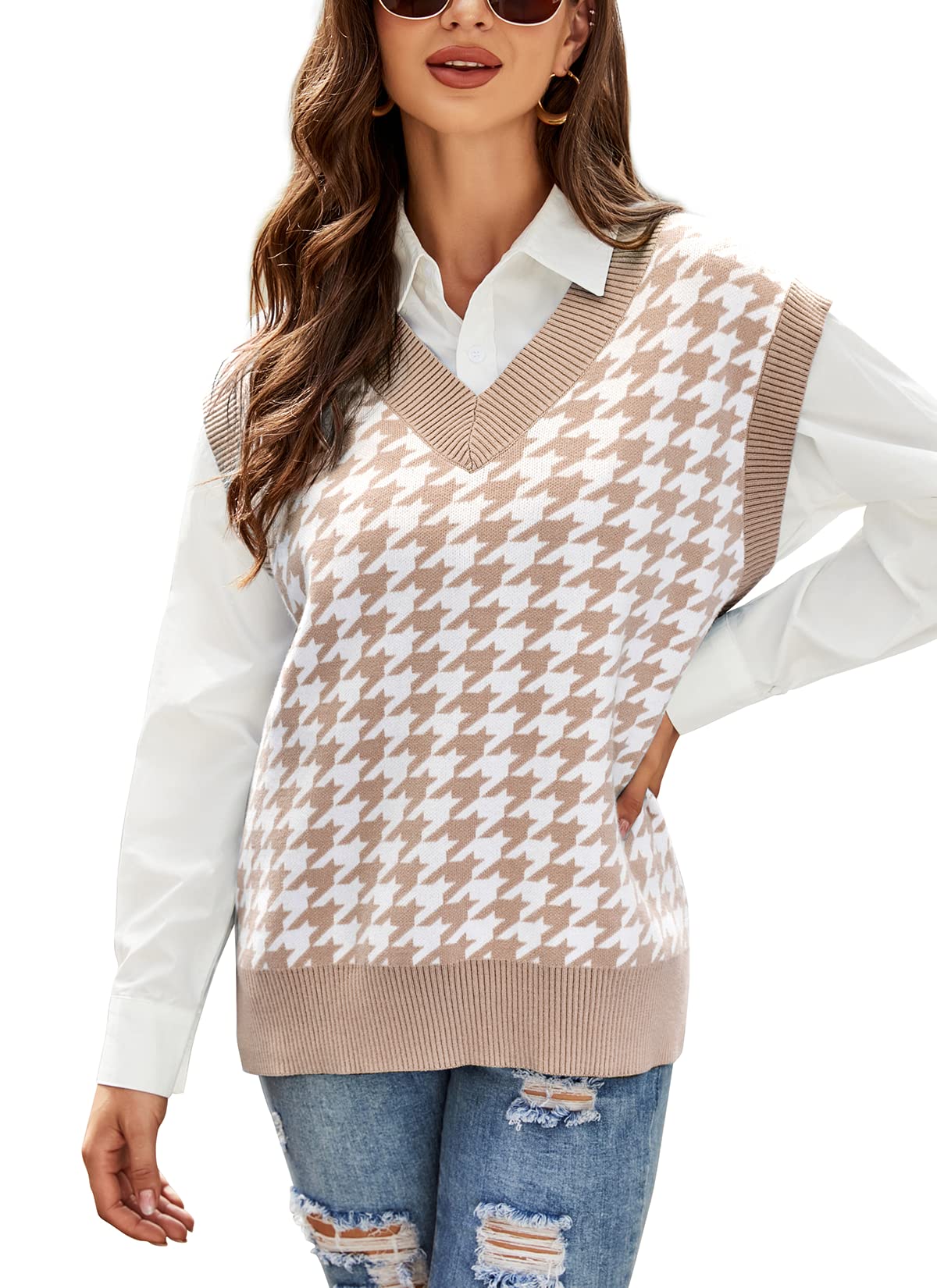 HOCOSIT Women's Knitted V-Neck Vest Argyle Plaid Preppy Style Sleeveless Pullover Crop Sweater Vest