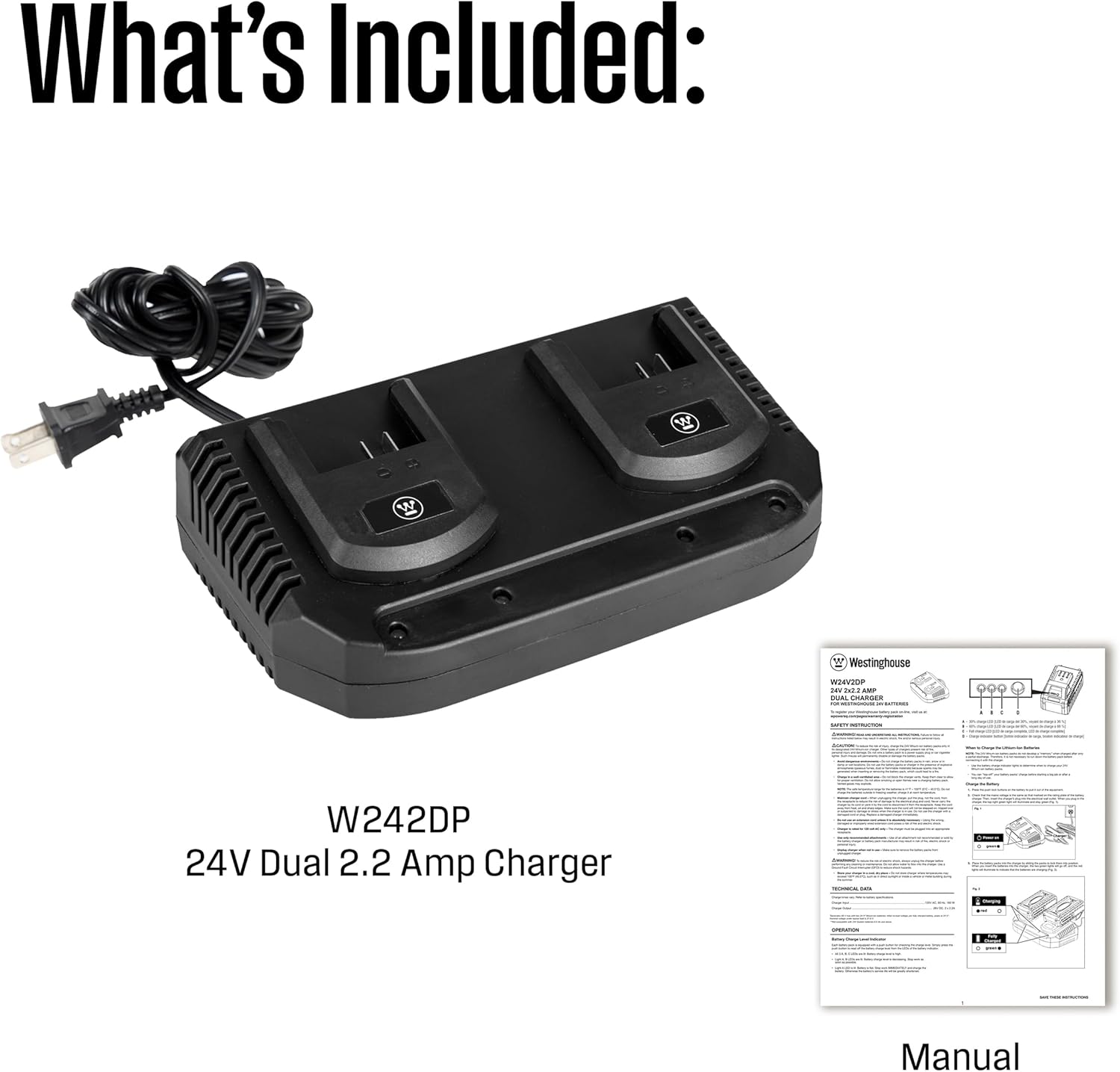 Westinghouse W24V2DP 24 Volt 2.2 Amp Dual Port Fast Charger, 120V, Universal 24V Lithium-ion Battery Charger, Compatible 24V Batteries (W24V2AH, W24V4AH, W24V5AH, W24V8AH 24V)