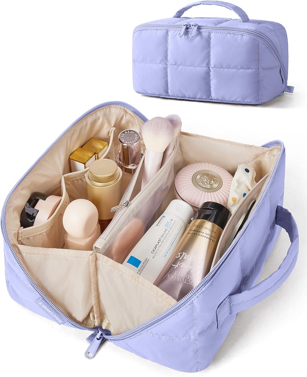 BAGSMART Versatile Makeup Bag, Water-Resistant Travel Toiletry Organizer | For travel home or gym opens flat to see all makeup roomy lightweight water-resistant dual zippers multi-use organizer