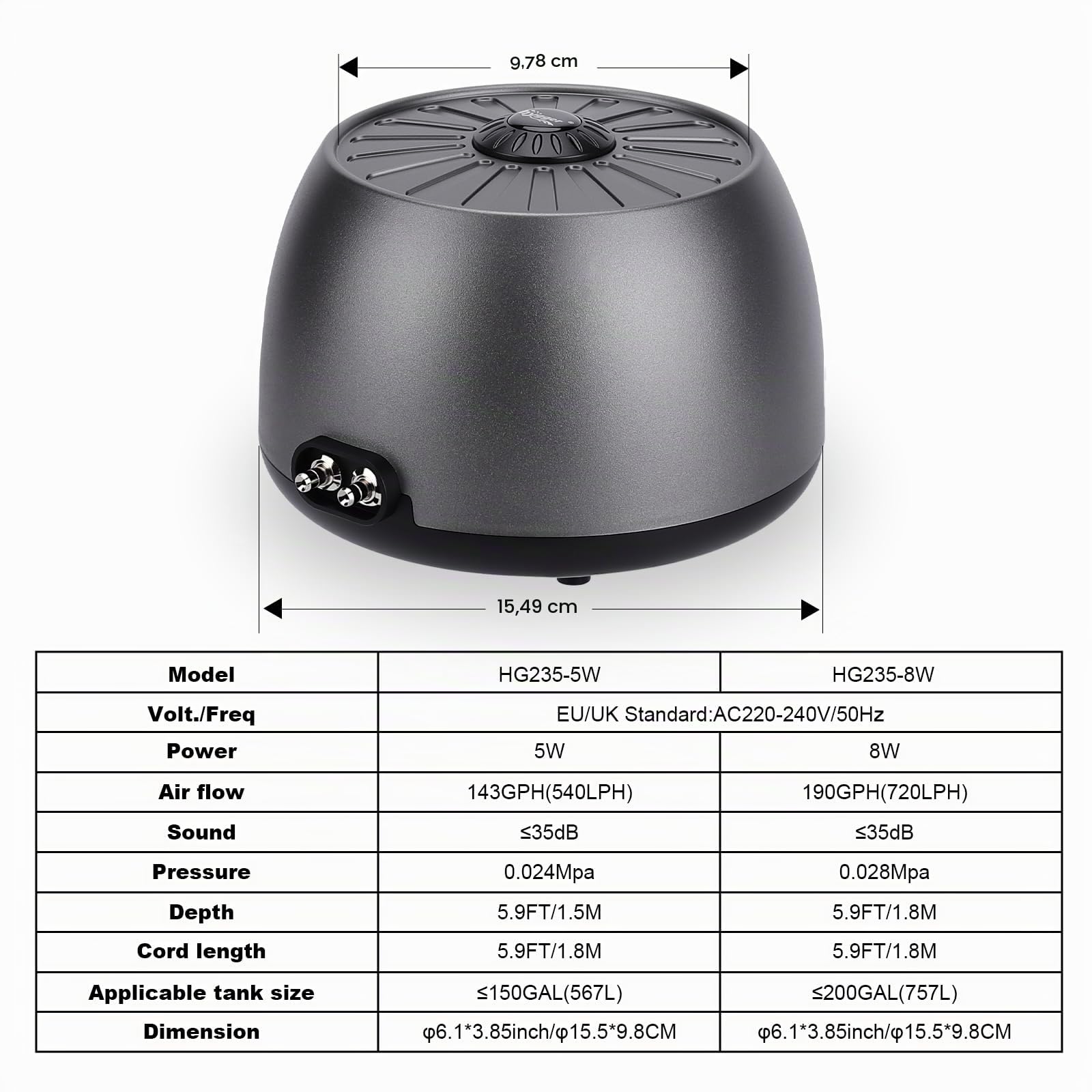 hygger Pompe à Air Aquarium Réglable, Bulleur Ultra-silencieuse <35 DB Pompe à Oxygène pour Aquari avec 2 Sorties avec Accessoires pour Réservoir