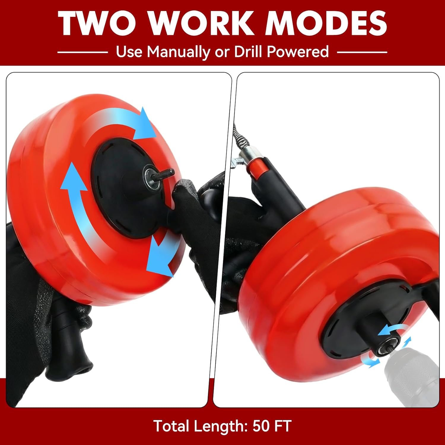 50FT Drain Auger, Dual-Mode Plumbing Snake with Drill Attachment, Sewer Pipe Clog Remover for Kitchen/Bathroom/Shower/Toilet, 6 Hair Clog Removers + Storage Bag, Destapador de tuberia (50 FT, Red)