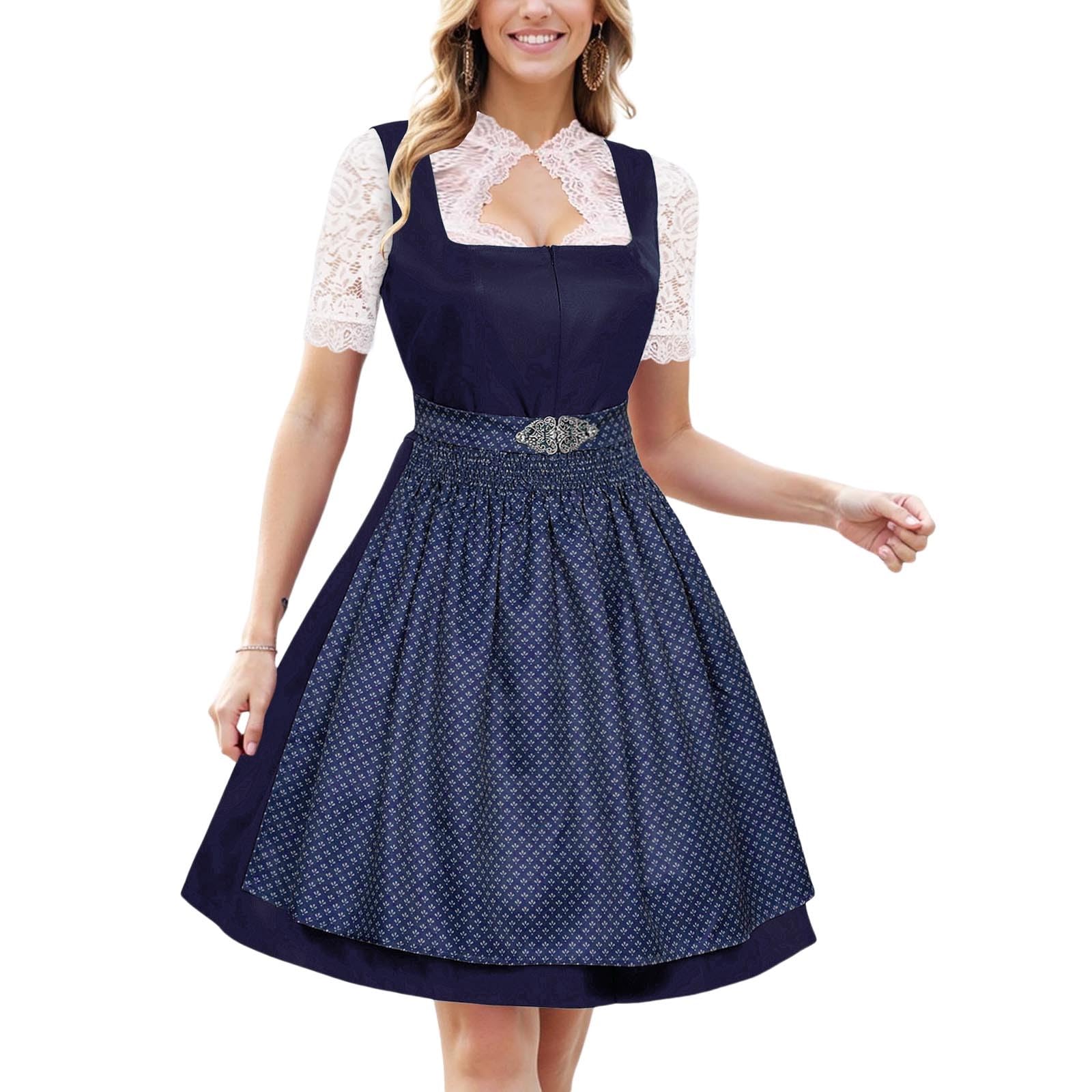 Kleid Dirndl Damen Midi Oktoberfest mit Schürze und Bluse Fernblau geblümt Kleidung Dirndl Midi Trachtenkleid inkl. Trachtenrock Dirndlbluse Dirndlschürze Oktoberfest Trachtenkleid Trachtenmode