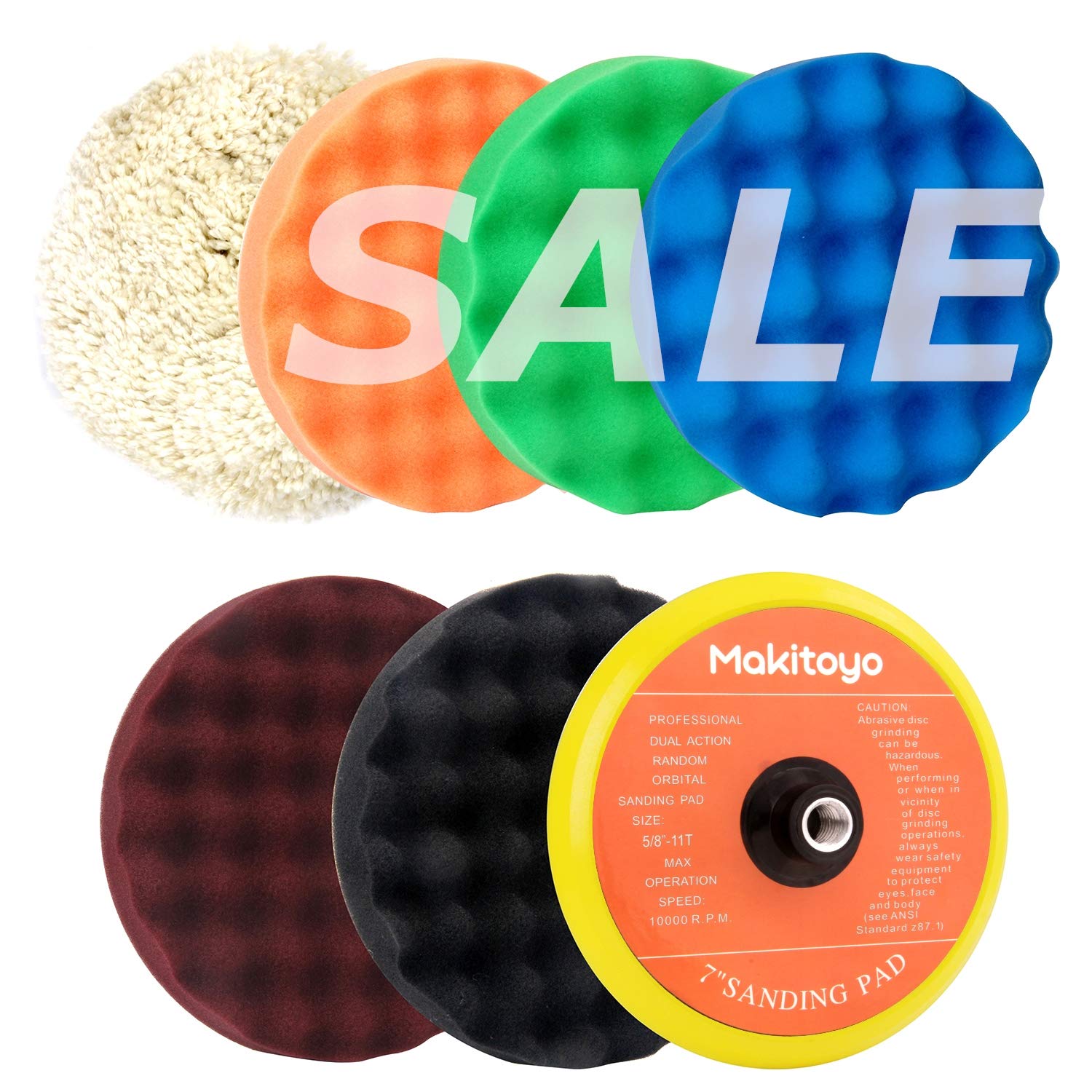 Makitoyo7-Inch Buffing and Polishing Kit, 5pc of Polishing Sponge Pad & 1 pc Wool Polishing Pads, 1pc Velcro Sanding Pad Kit-7pcs set