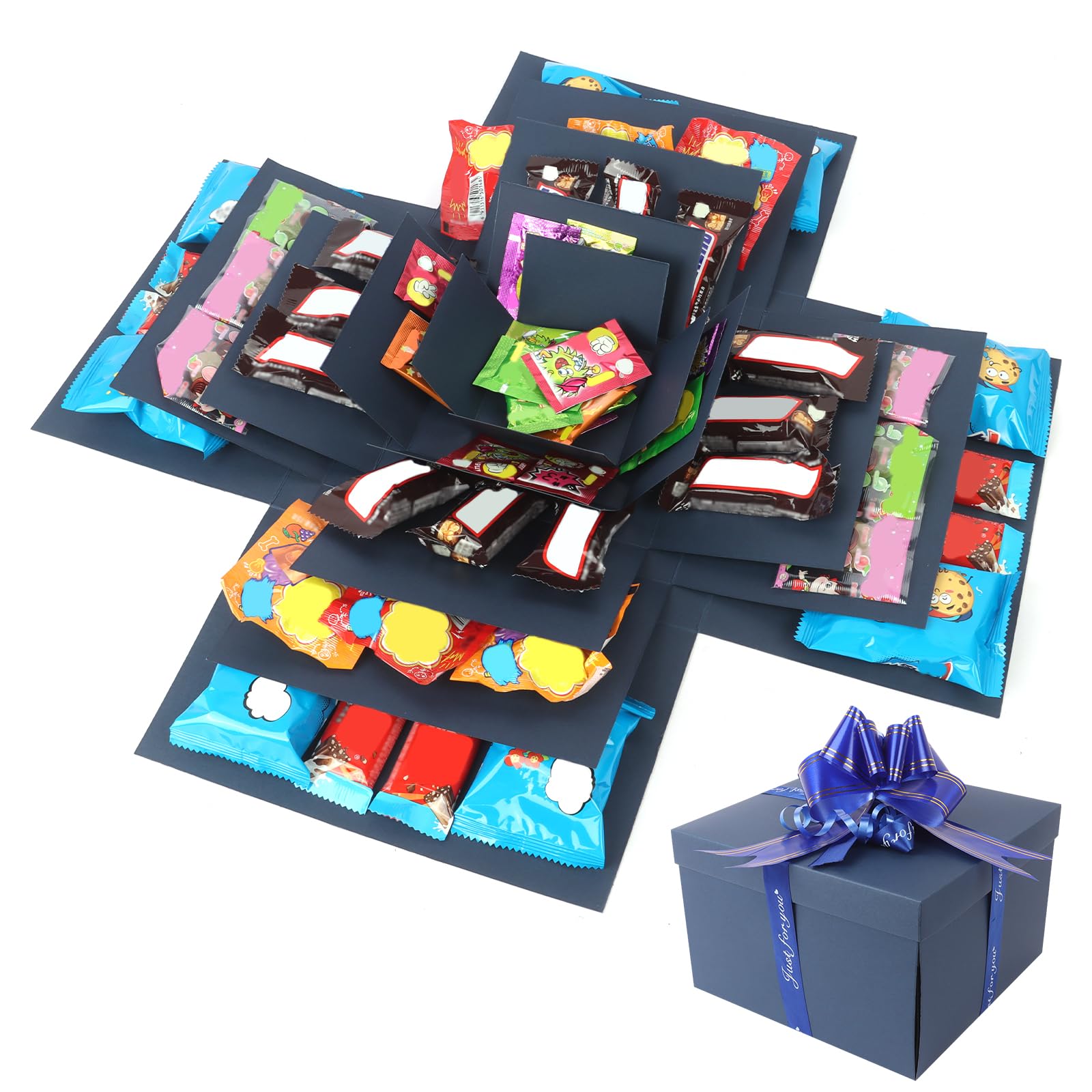 Explosion Gift Box, 5 Layer Snack Explosion Box with Tape and Ribbon, Blue DIY Surprise Box Scrapbooking Boxes Photo Album Explosion Boxes for Birthday Anniversary Valentine's Day Wedding
