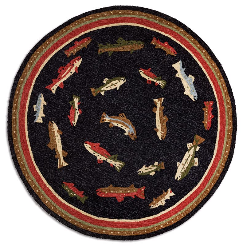 Chandler 4 Corners Artist-Designed River Fish Round Hand-Hooked Wool Accent Rug (60 in x 60 in) Lake & Lodge Themed Rug for Hallway, Living & Dining