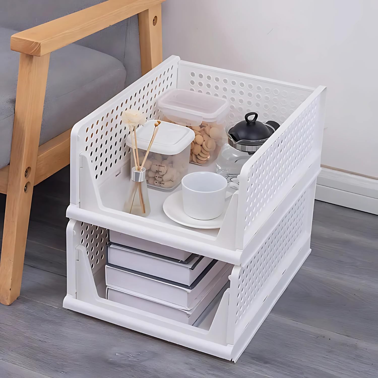 HomeStrap Set of 2, Stack it Up | Large Cloth Stacker | Foldable Shirt Storage Stacker for Wardrobe | Plastic Stackable Closet Organizer | White