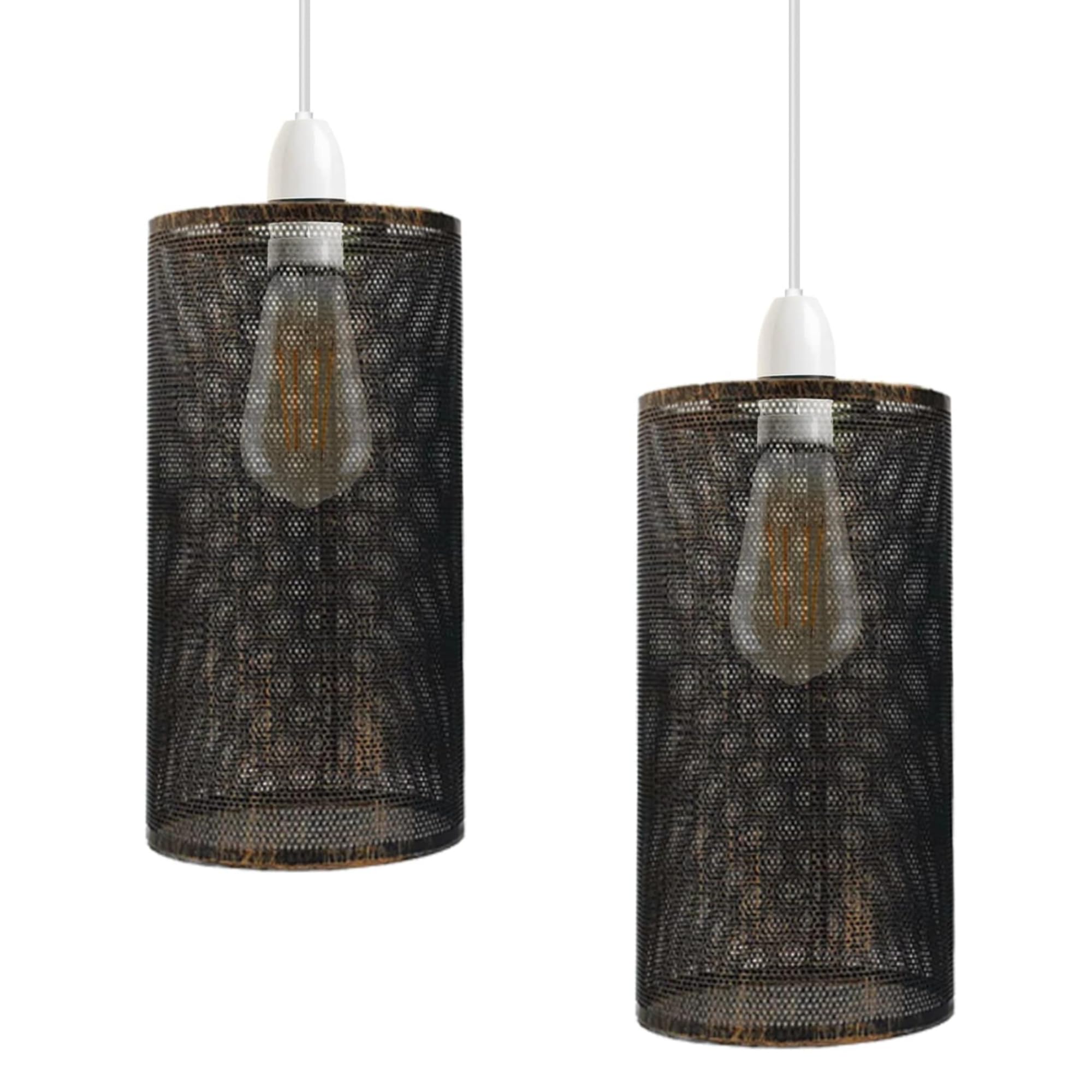 Industrial Metal Bulb Guard Drum Shaped Lampshades for Ceiling Pendant Lights, Indoor Easy Fit Wire Cages for Kitchen, Hallways (Brushed Copper 2Pack)
