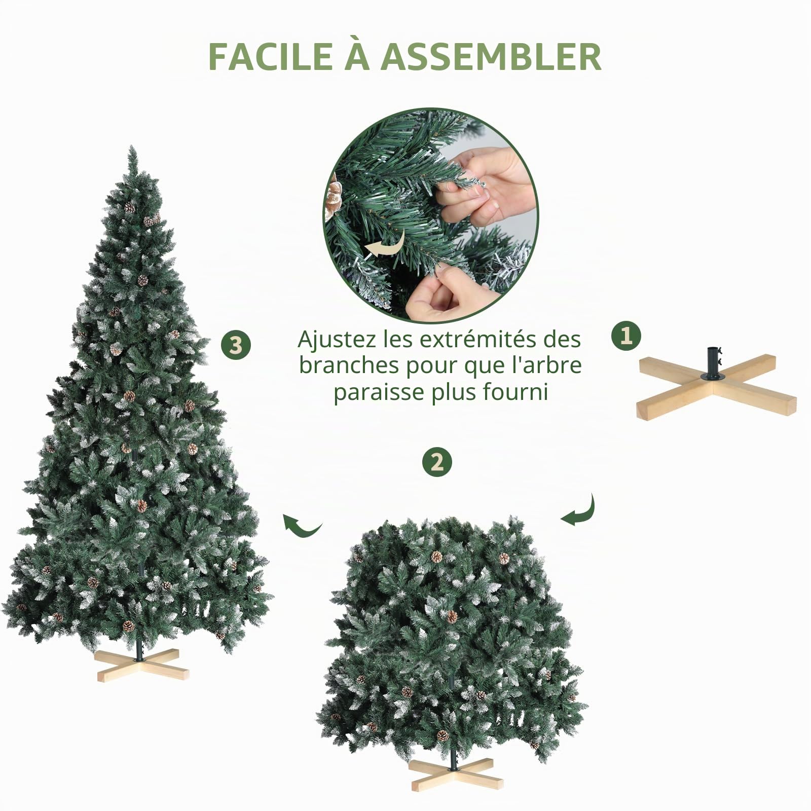 LIFERUN Sapin de Noël Artificiel 150cm, Sapin Nordmann Premium, Arbre de Noël Artificiel avec Neige Artificielle et 28PCS Vrais Cônes, 676 Branches, Aspect Hivernal, Socle en Bois, pour Noël