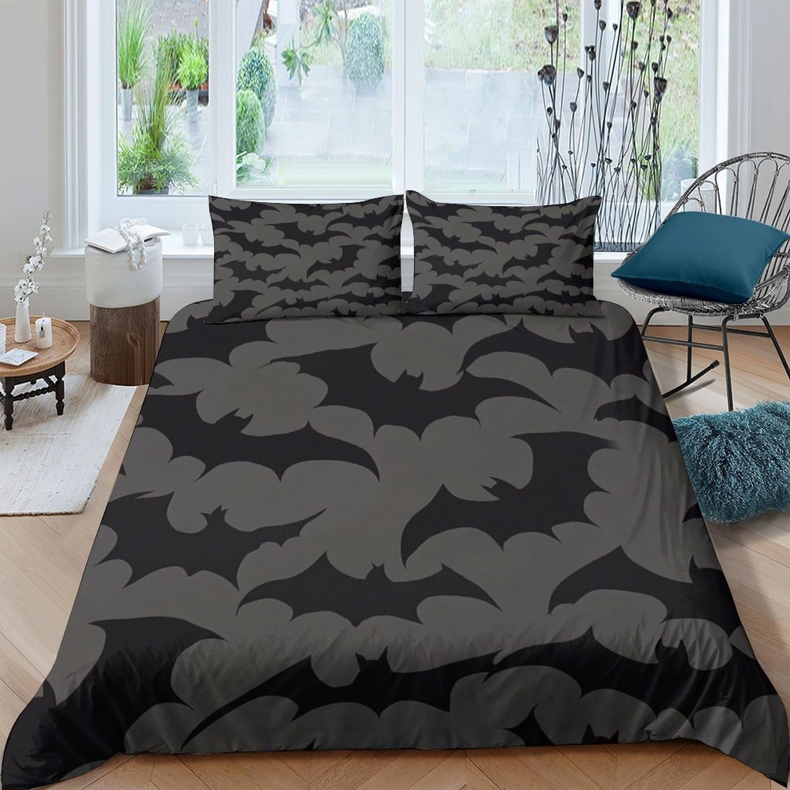 GPLZQXKJNH 3D Printed Black Bat Pattern Duvet Cover Microfiber Soft Breathable Halloween Gothic Bedding Set with 2 Pillowcases for Bedroom Decor Single（135x200cm）