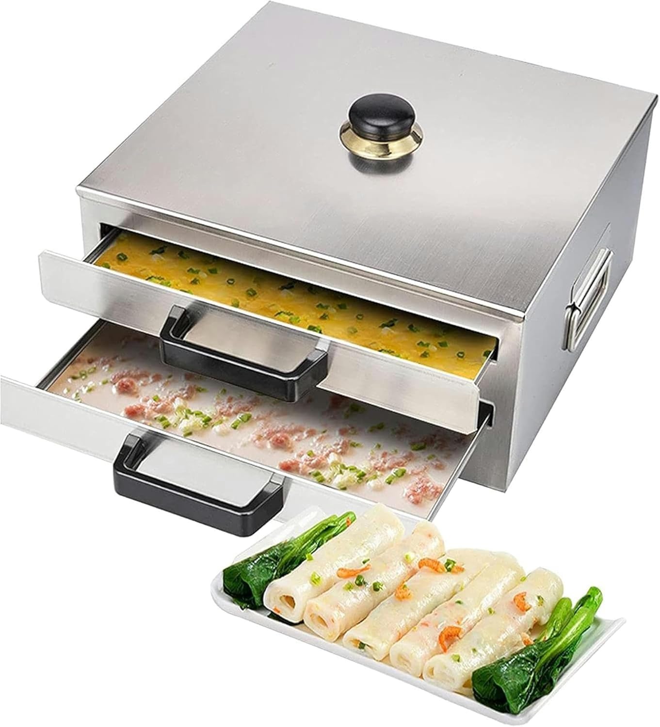 Rice Noodle Rolls Maker, Cantonese Rice Noodle Rolls Machine for Steaming Vermicelli Roll or Other Food, Cookware Roll Steamer with Removable Lid~/