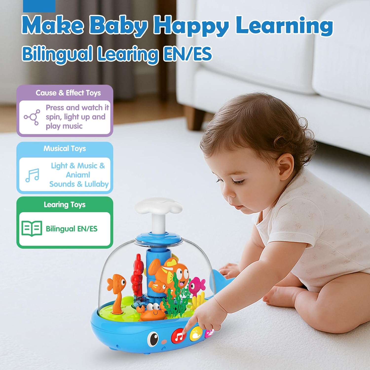 Baby Toys for 1 Year Old Boy Girl Gifts - Baby Toys 6-12-18 Months Press & Spin Aquarium Musical Light Up Infant Toy - Bilingual Learning Tummy Time Cause and Effect Toy for 7 8 9 10 11 Months