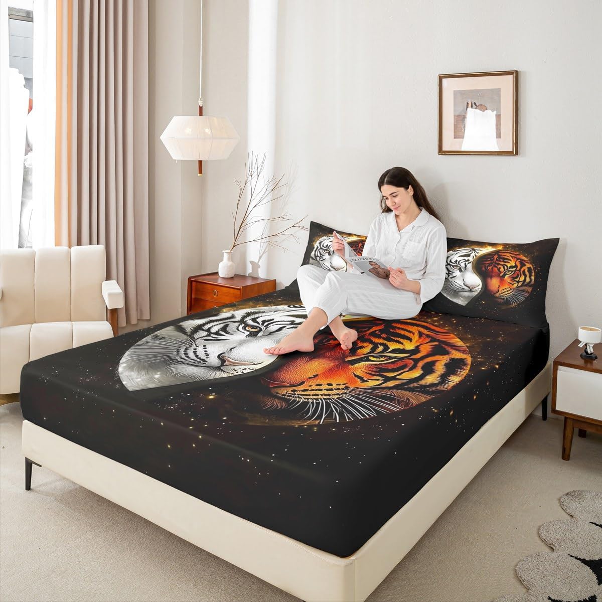 Tiger Tai Chi Fitted Sheet,Wild Jungle Cool Animals Decor Bedding Set for Kids Teens Adults,Chinese Style Pattern Competition Theme Bed Sheet with 2 Pillowcases(No Top Sheet),Queen Size 3 Pcs