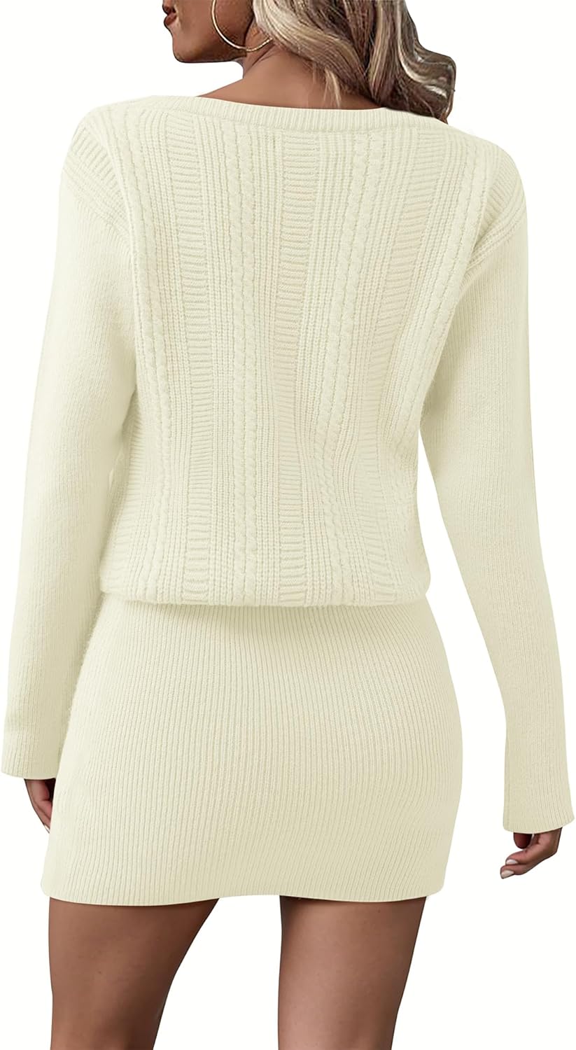 Lotusmile Women's Cable Knit Mini Sweater Dress Boat Neck Off The Shoulder Bodycon Pullover Long Sleeve Short Dresses - Image 2
