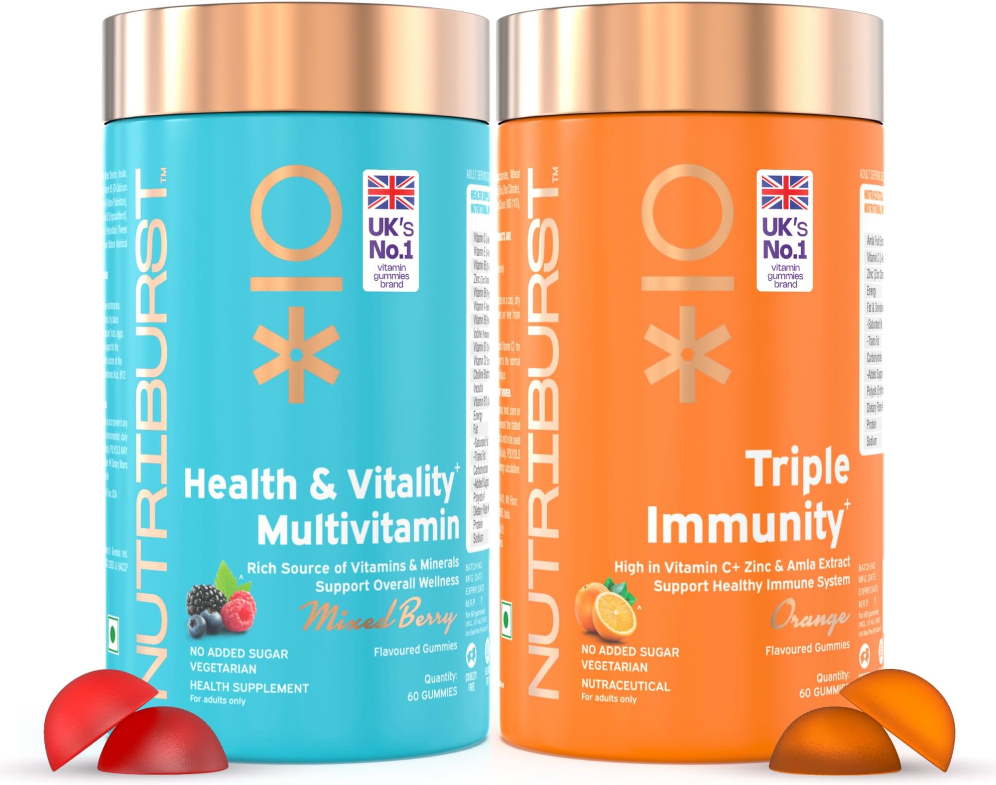 - Nutriburst Daily Immunity Boost Combo: Health & Vitality Multivitamin Gummies + Triple Immunity Gummies with Vitamins, Zinc & Amla Extract | Daily Wellness & Energy | No Added Sugar (Pack of 2X60)