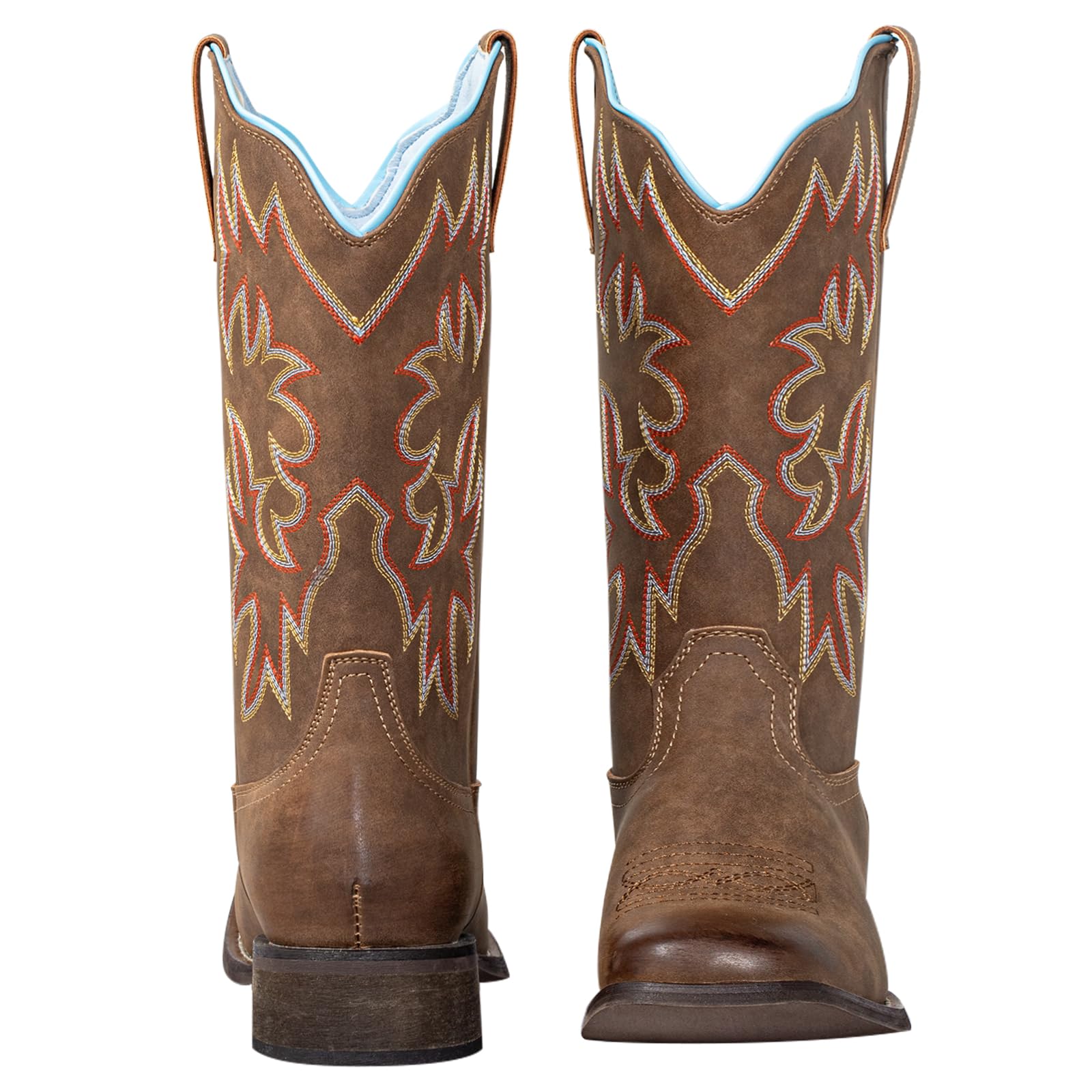 J's.o.l.e Stivali da cowboy da donna con punta quadrata, polpaccio largo, stile western, con ricamo classico, marrone