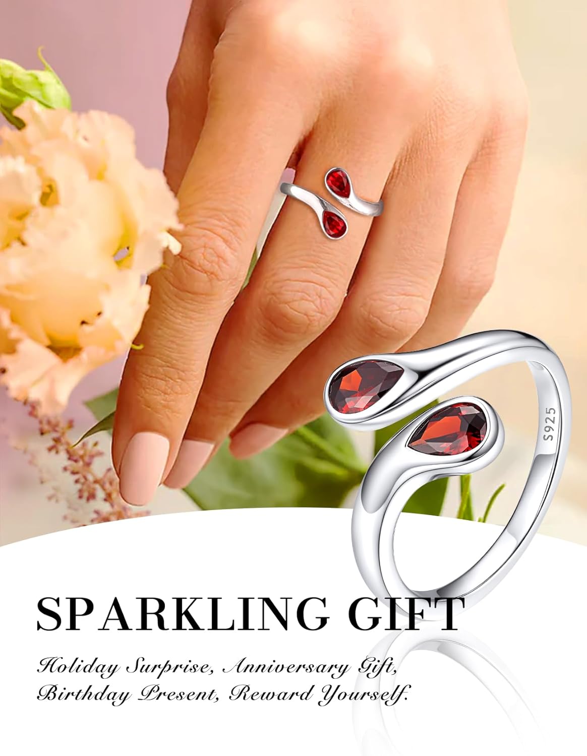 Bestyle Silver Birthstone Ring for Women, Dainty Sterling Silver Teardrop Ring Open Adjustable Band Ring, Love Statement TOI et Moi Ring Promise Ring for Her - Image 7