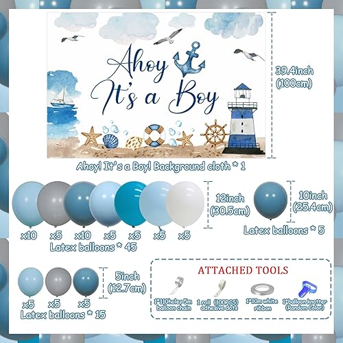 Miniatura 2 de 70 piezas de decoraciones náuticas para baby shower para niños con fondo Ahoy It's a Boy azul blanco marino marino faro barco y arco de globos para