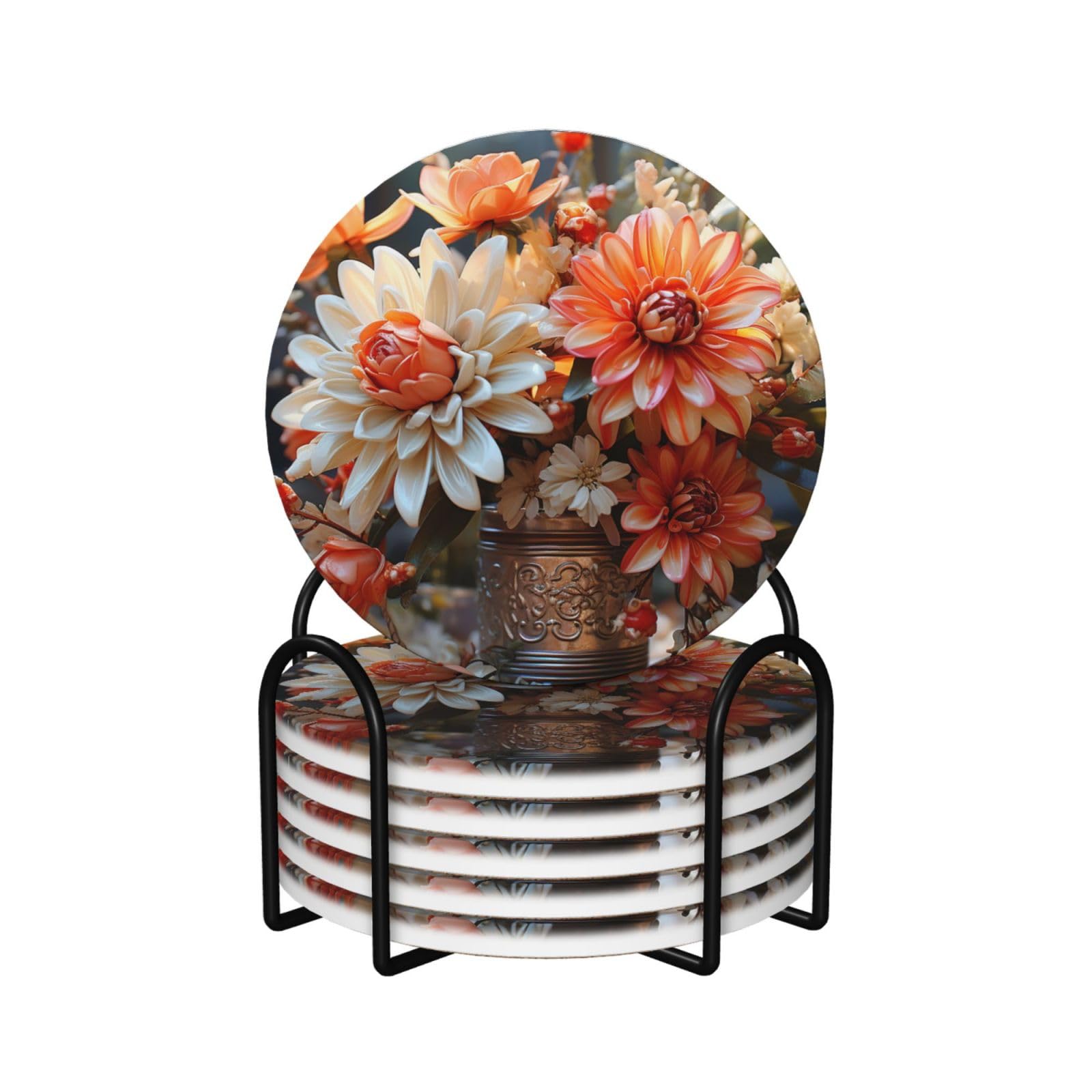 Dessous de verre céramique absorbant lot de 6 protège-table motif floral rétro orange