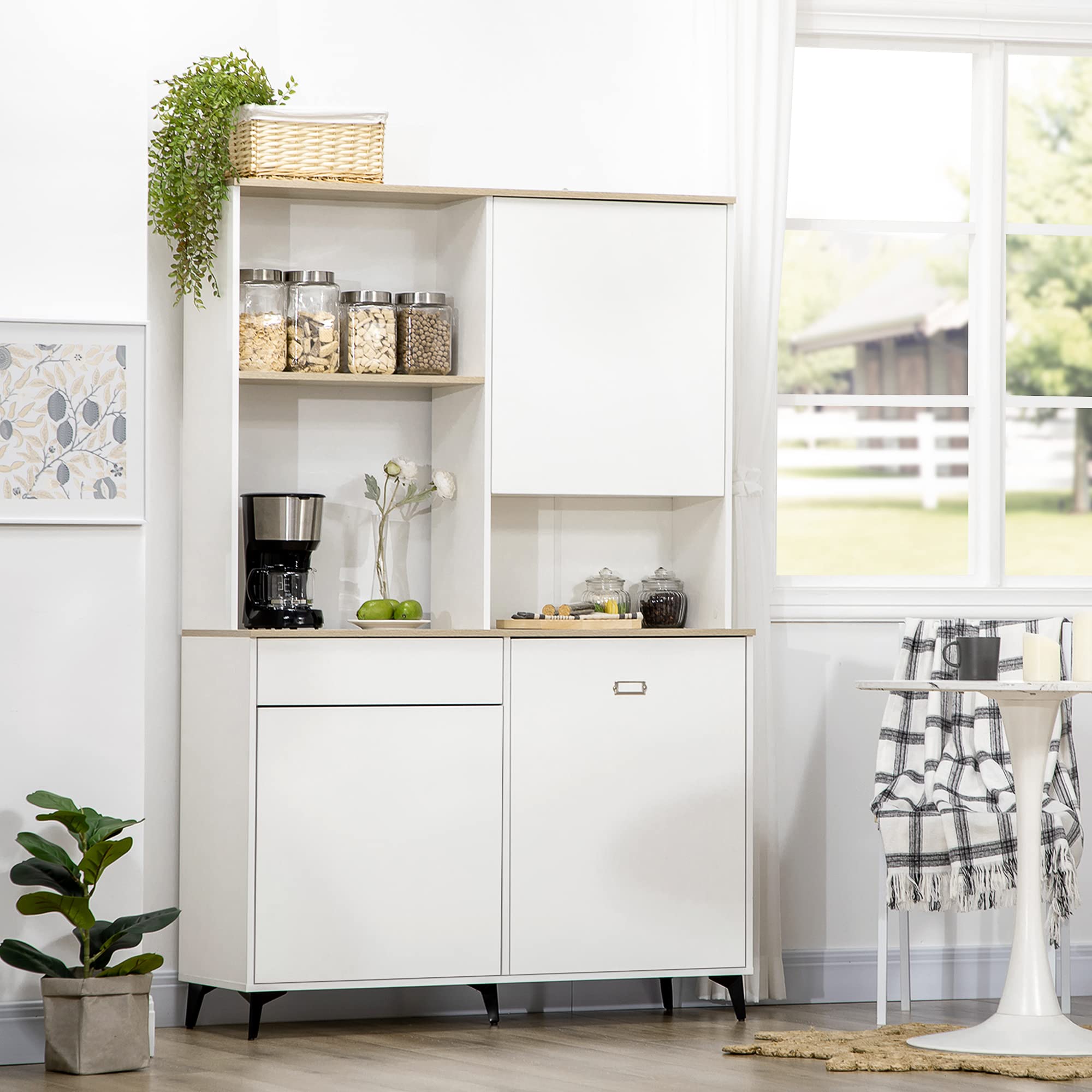 HOMCOM Dispensa Cucina in Truciolato e MDF con Ripiani Aperti, Armadietti e Cassetto per Utensili ed Elettrodomestici, 119x41x180 cm, Bianco