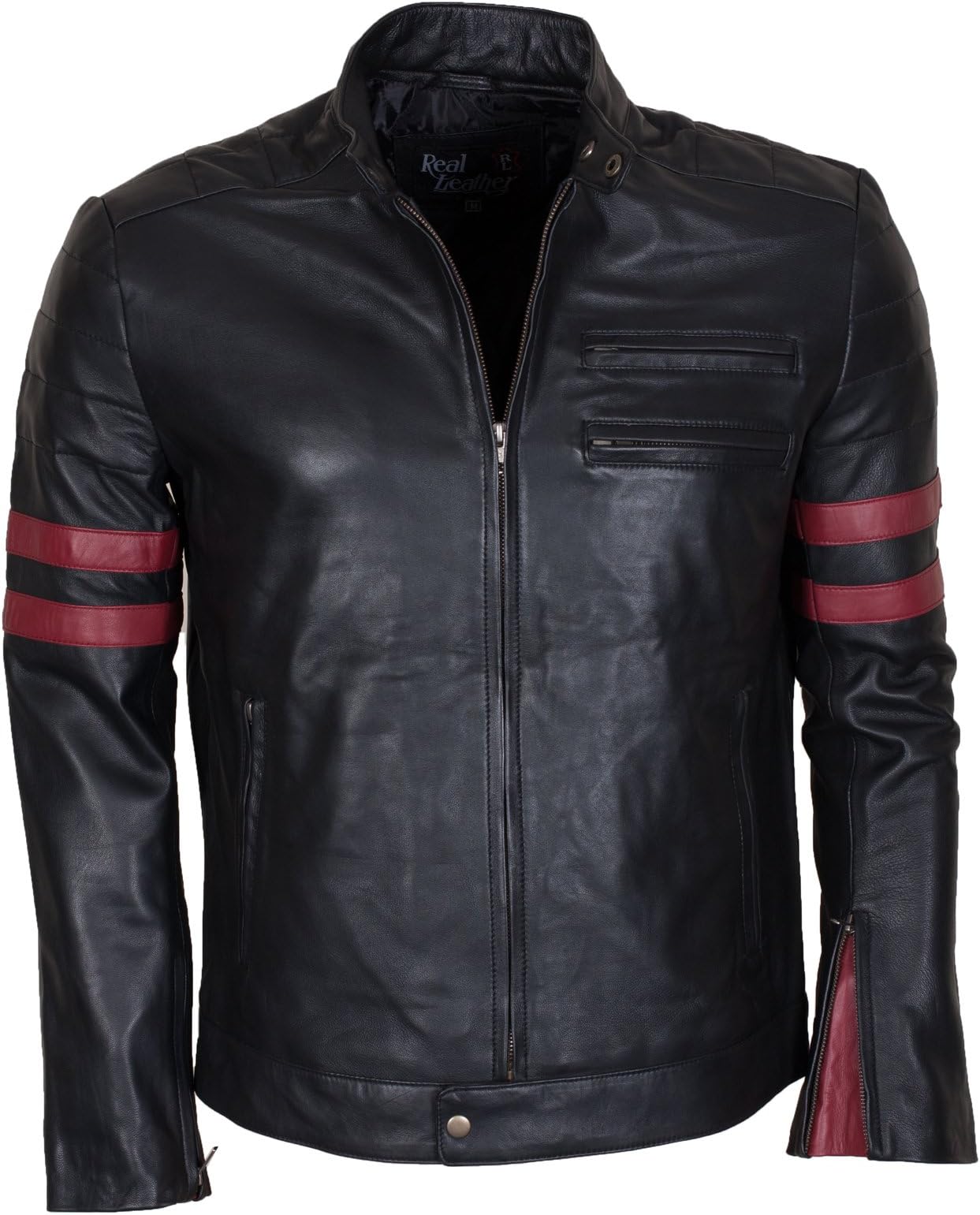 Hollywood Mens Genuine Leather Jacket In Black With Red Stripes