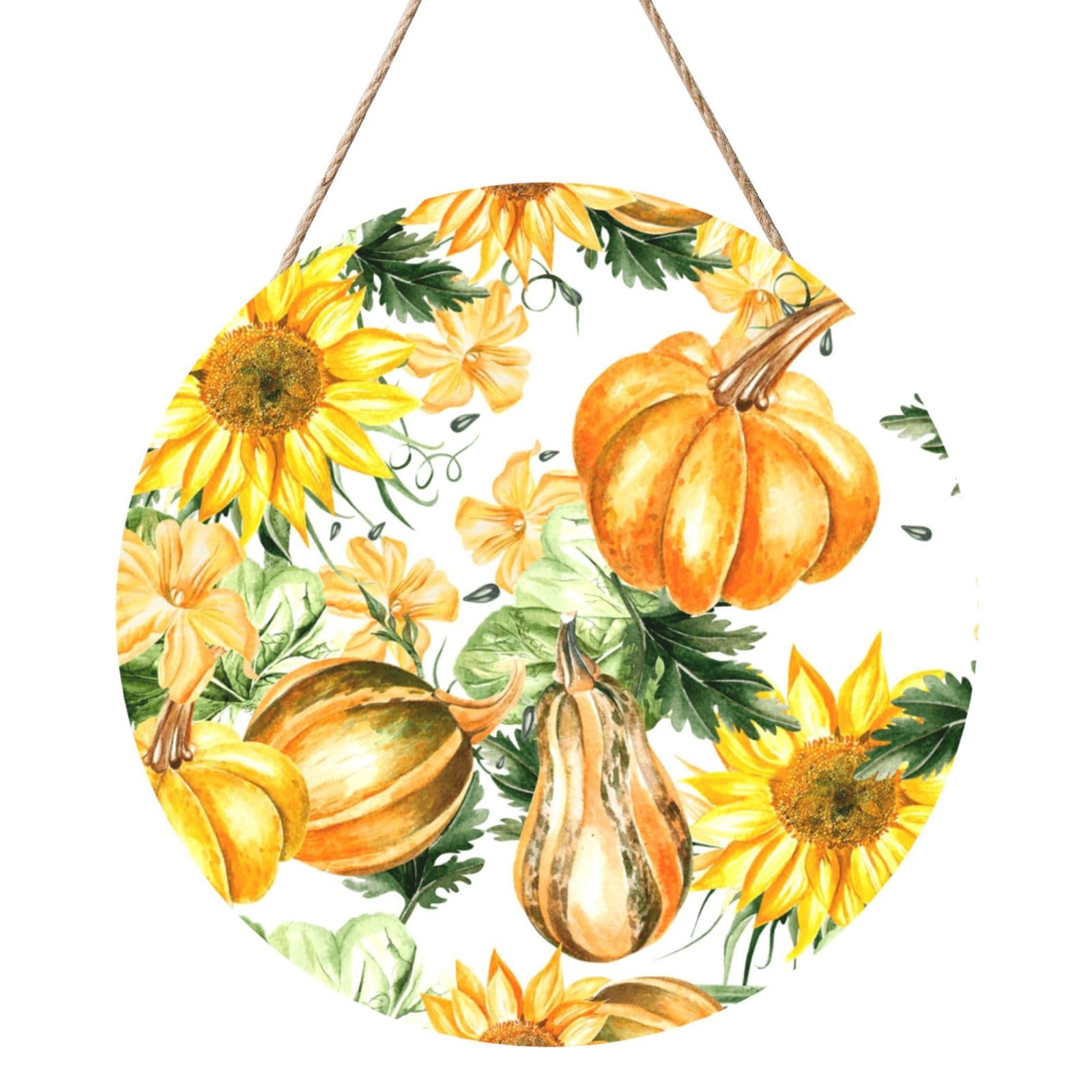 InOmak Autumn Sunflower Pumpkin Thanksgiving, Round Wood Panel Painting 12 in, Wall Hanging Painting For Home