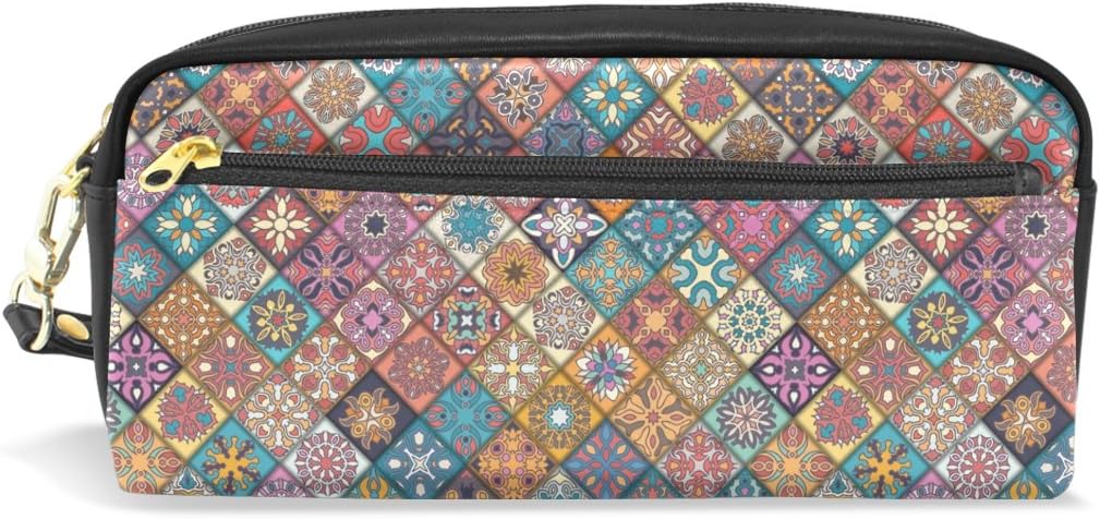 Vawa ペンケース 革 大容量 筆箱 高校生 おしゃれ 民族風 きれい おしゃれ カラフル チェック柄