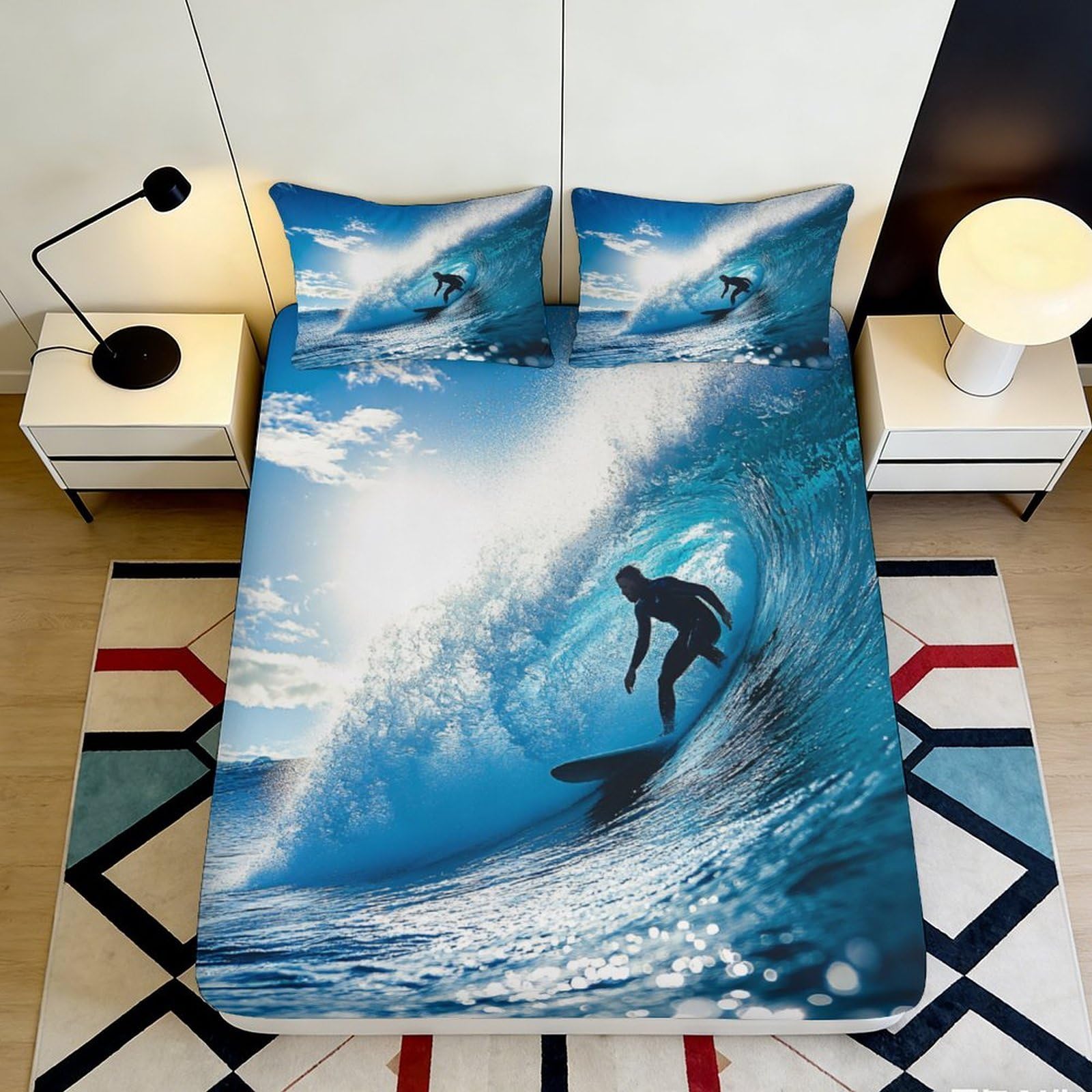 3D Printed Ocean Wave Fitted Sheet Microfiber Soft Breathable Surfer Mattress Cover for Bedroom Dorm Decor 90x200x25cm