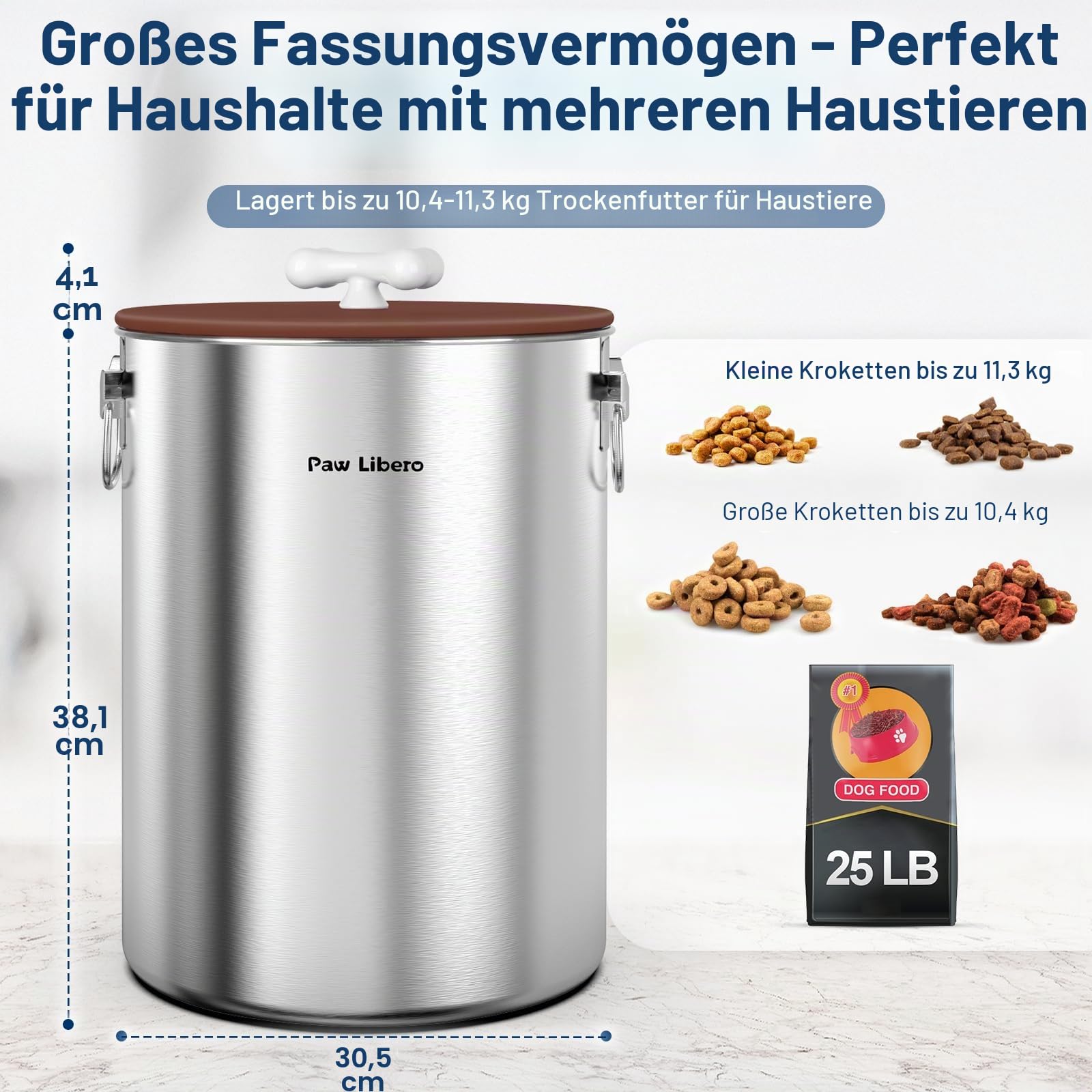 Paw Libero 25 lbs Edelstahl-Hundefutterbehälter mit luftdichtem Deckel und Keramikgriff in Knochenform, großer Metallbehälter für Hunde- und Katzenfutter, hält frisch, leicht zu reinigen