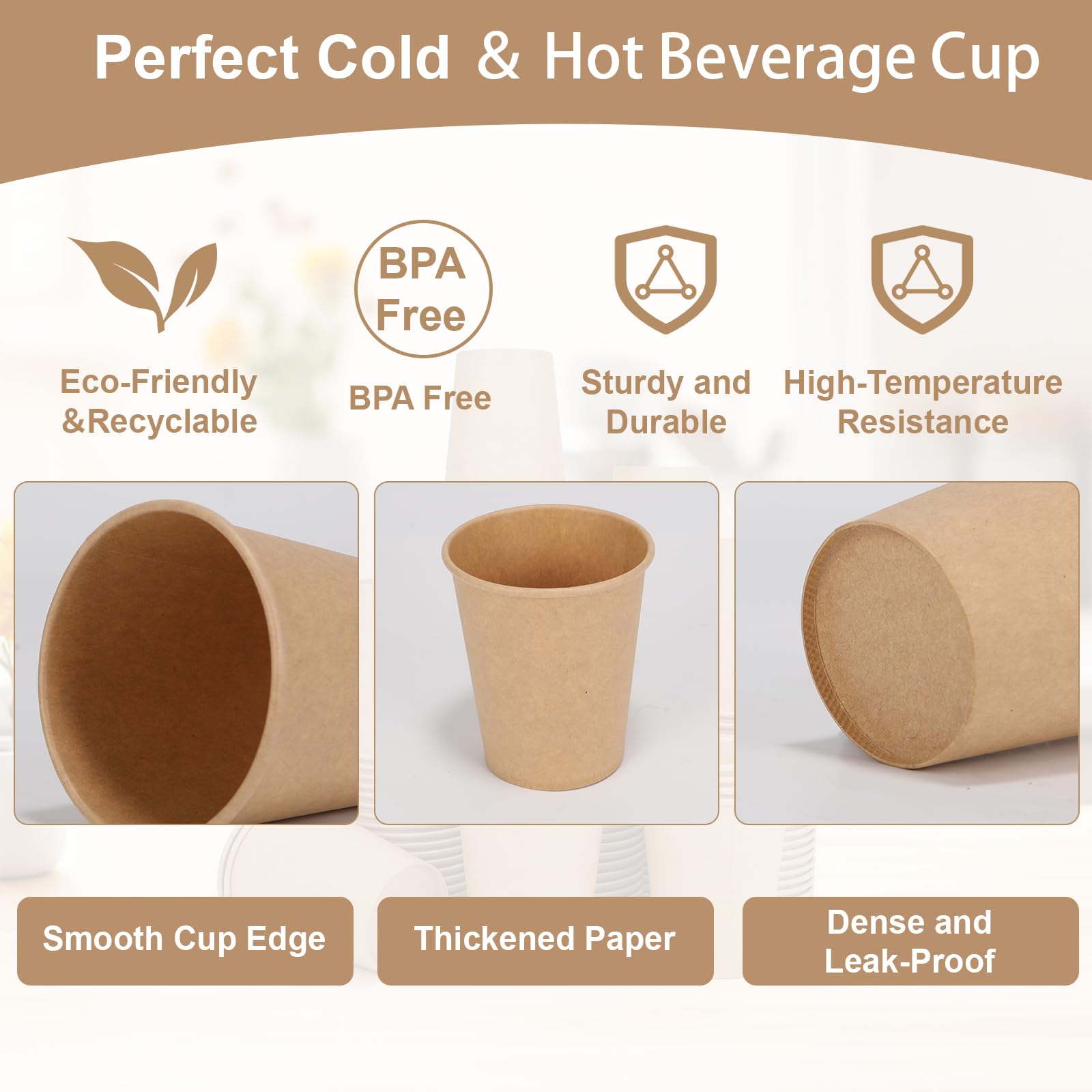 Disposable Cups, 100 Pack 8 Oz Kraft Paper Cups, Paper Coffee Cups, Disposable Cups 8 oz for Hot or Cold Beverage — Amazon image 3