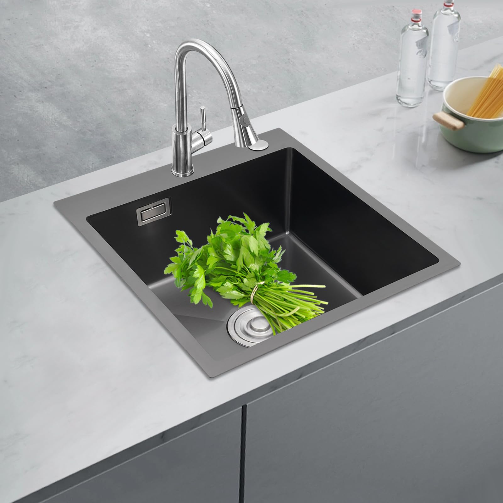 Fregadero de cocina de granito, de 45 x 50 cm, de acero inoxidable con dispensador de jabón y juego de drenaje, lavabo de cocina y fregadero empotrable para armario bajo a partir de 45 (negro