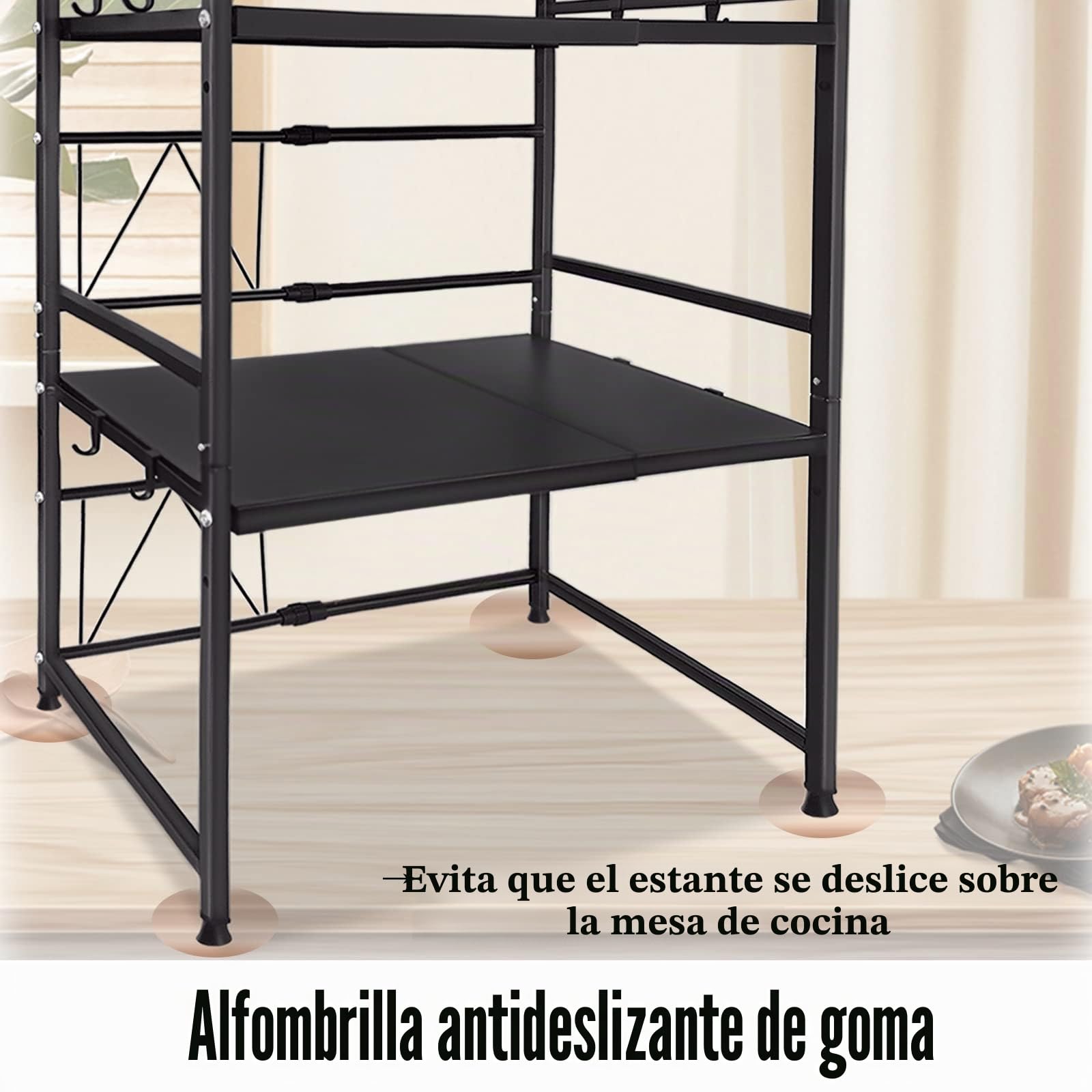 NAIZY Estante para microondas Estante extensible de 3 niveles de cocina Estante de pie con 3 ganchos Organizador de estante de cocina para encimera de cocina y almacenamiento, negro