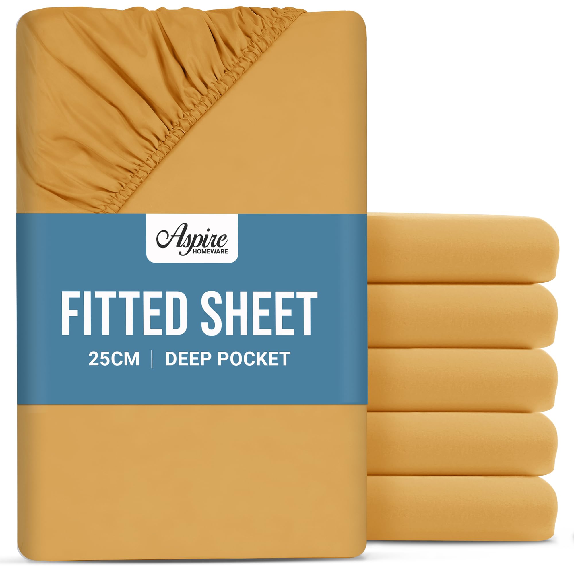 Aspire Homeware Double Fitted Sheet 6 Pack - 25 cm Deep Hotel Quality (Ochre) Bed Sheets - Soft & Breathable Fitted Bed Sheets Double - Anti-Wrinkle Easy Care Fitted Sheets